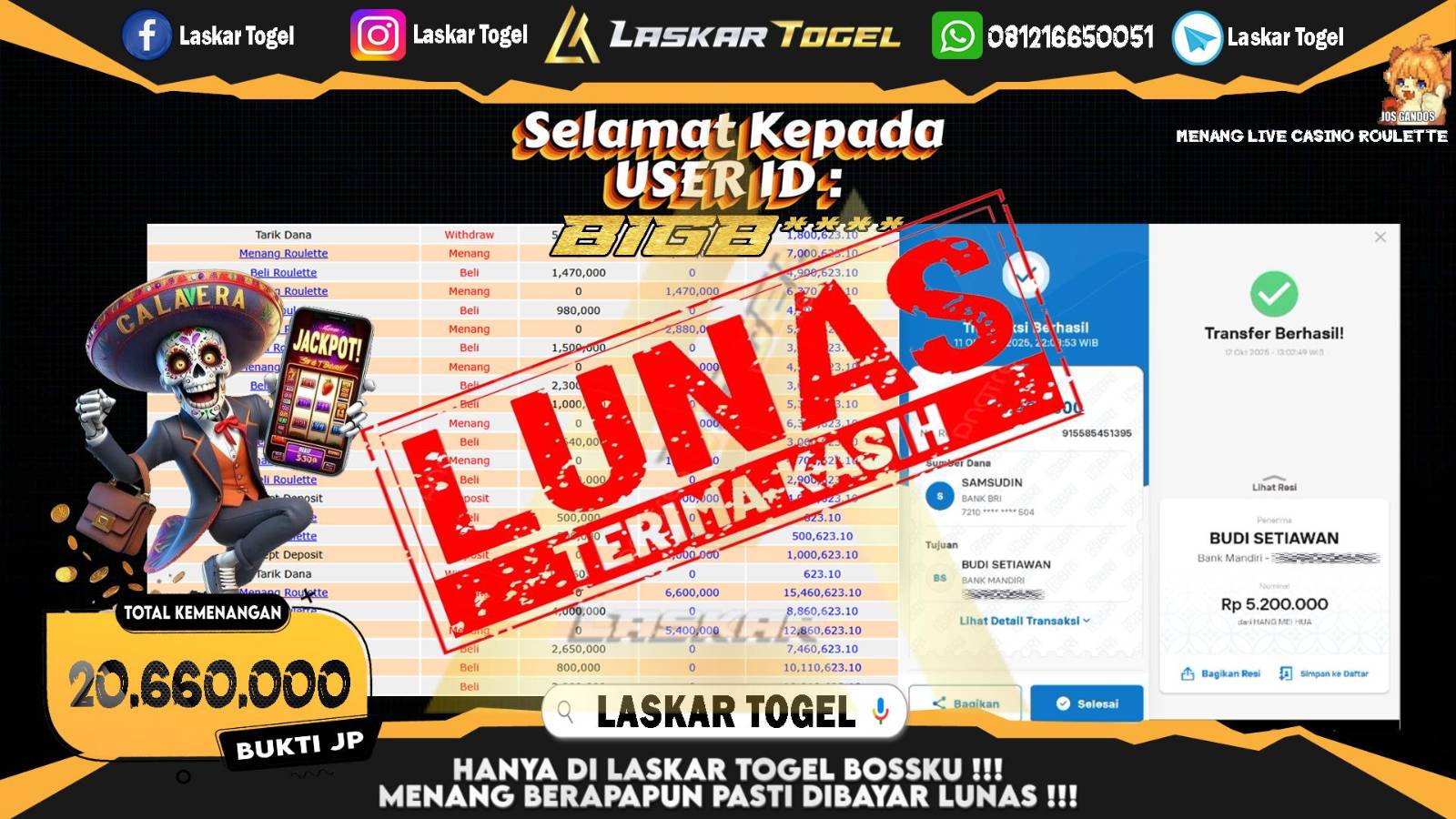 LASKARTOGEL JACKPOT LIVE CASINO ROULETTE Rp.20.660.000,- LUNAS