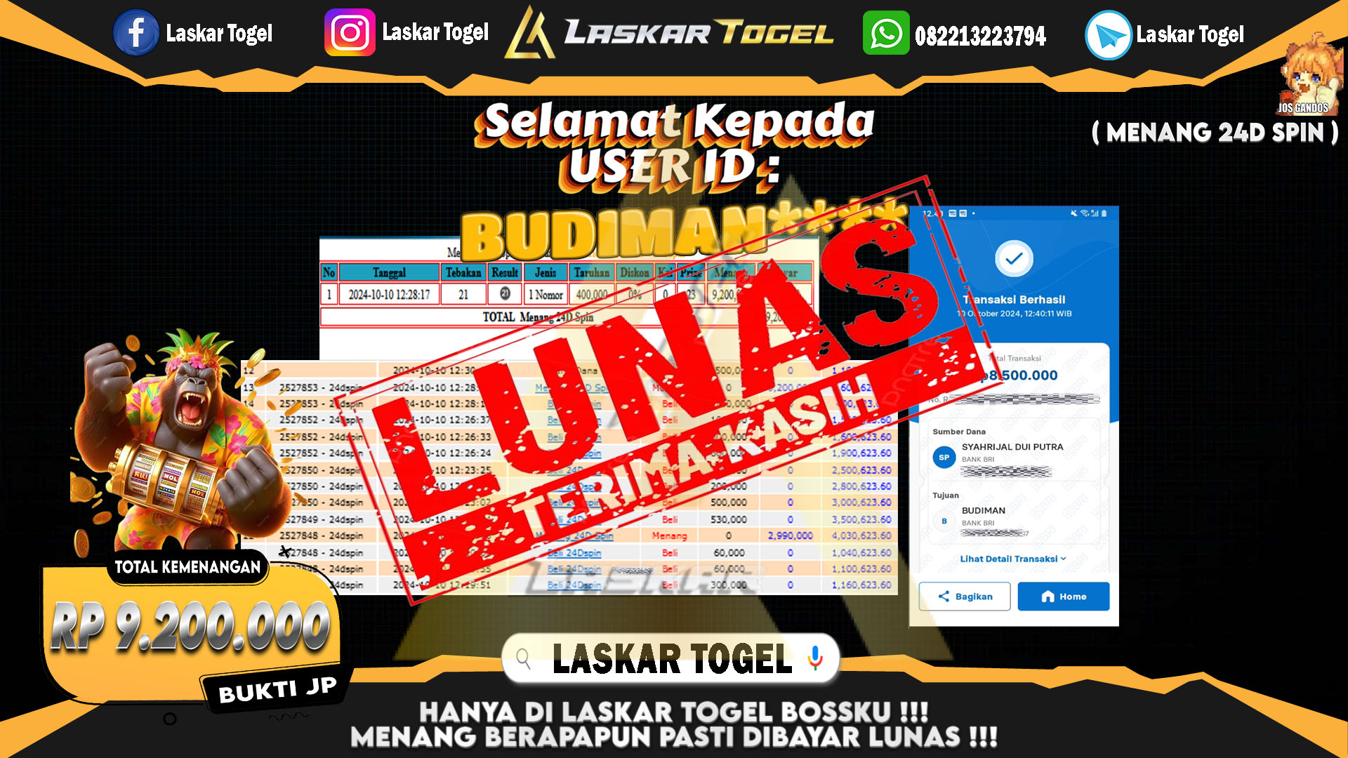 LASKARTOGEL JACKPOT 24D SPIN Rp.9.200.000.,- LUNAS