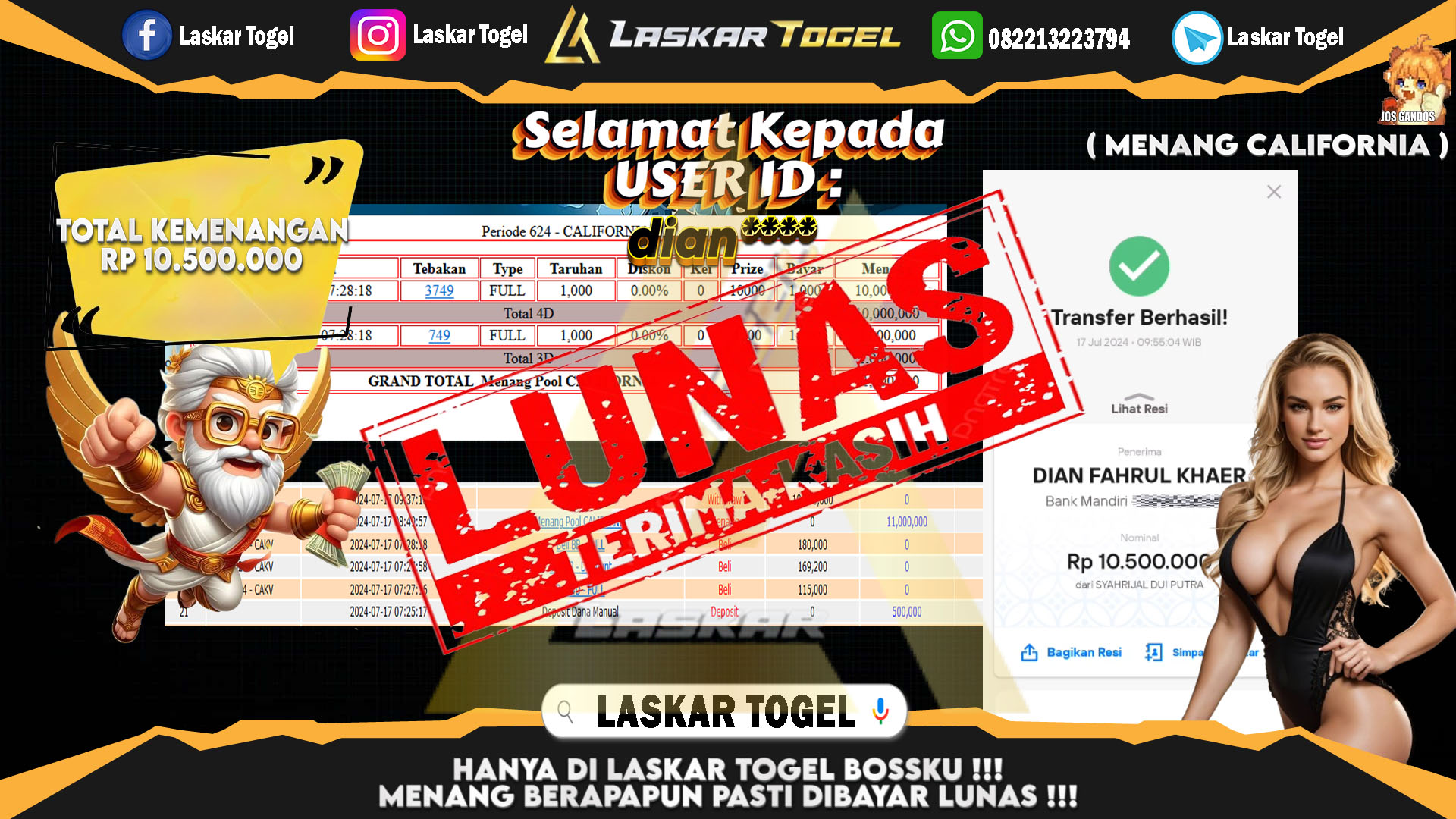 LASKARTOGEL JACKPOT  TOGEL CALIFORNIA Rp.10.500.000.,- LUNAS