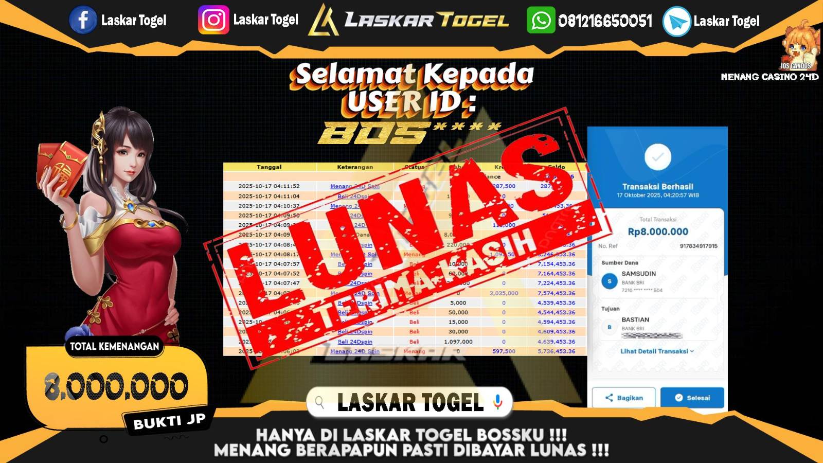 LASKARTOGEL JACKPOT CASINO 24D Rp.8.000.000,- LUNAS