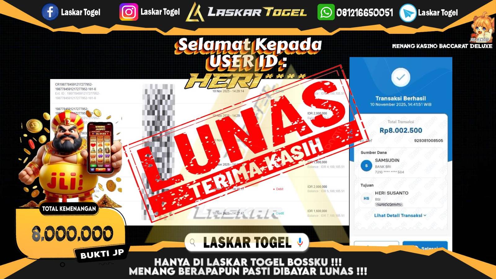 LASKARTOGEL JACKPOT CASINO BACCARAT DELUXE Rp.8.000.000,- LUNAS