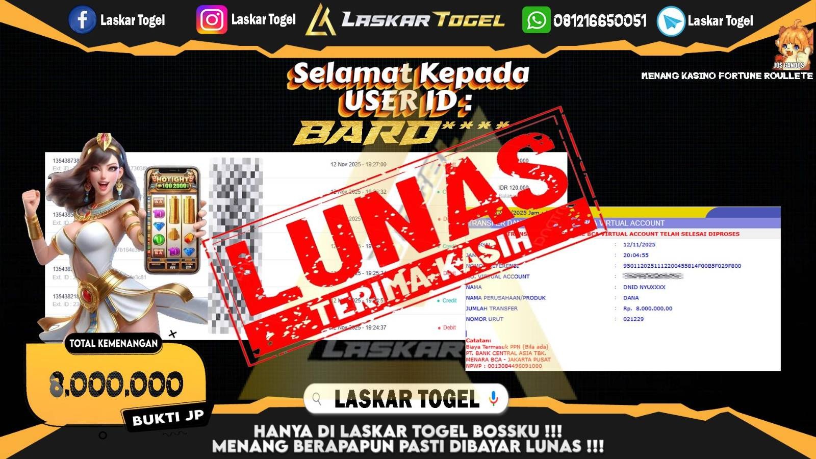 LASKARTOGEL JACKPOT CASINO FORTUNE ROULETTE Rp.8.000.000,- LUNAS