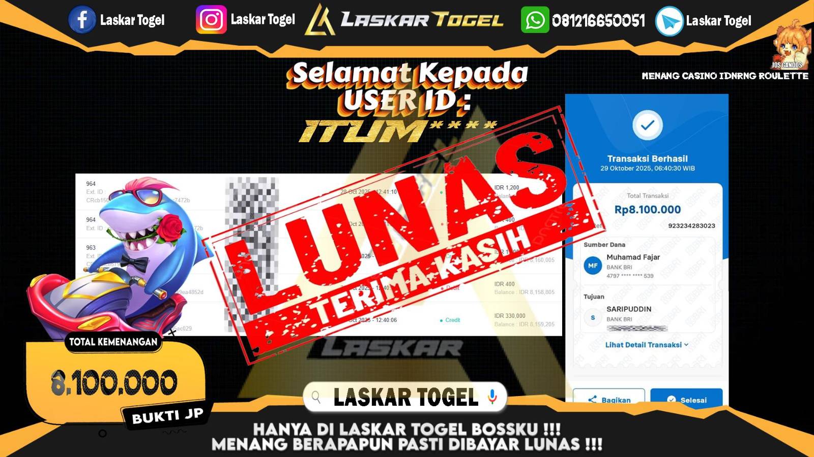 LASKARTOGEL JACKPOT CASINO IDN RNG ROULETTE Rp.8.100.000,- LUNAS