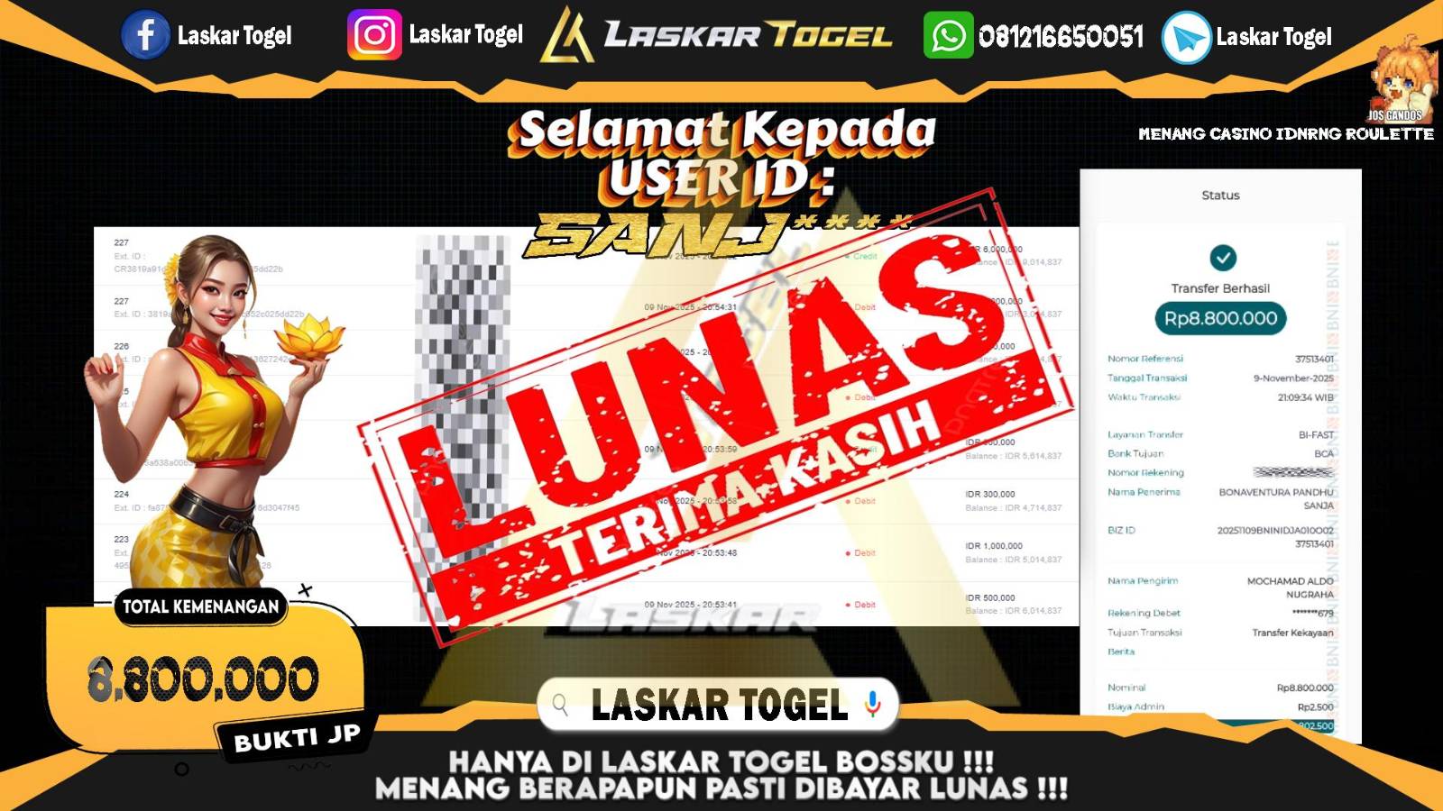 LASKARTOGEL JACKPOT CASINO IDN RNG ROULETTE Rp.8.800.000,- LUNAS