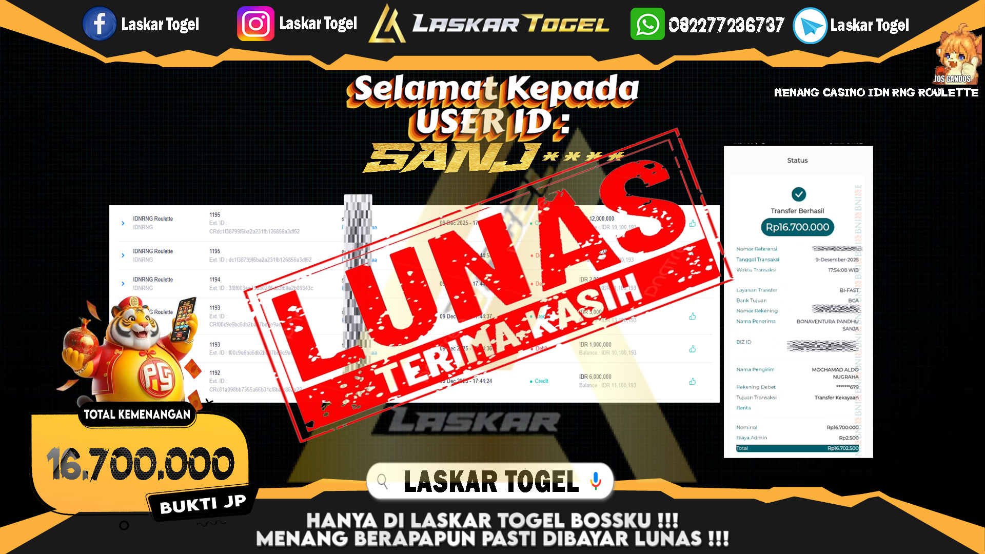 LASKARTOGEL JACKPOT CASINO IDN RNG ROULETTE Rp.16.700.000,- LUNAS
