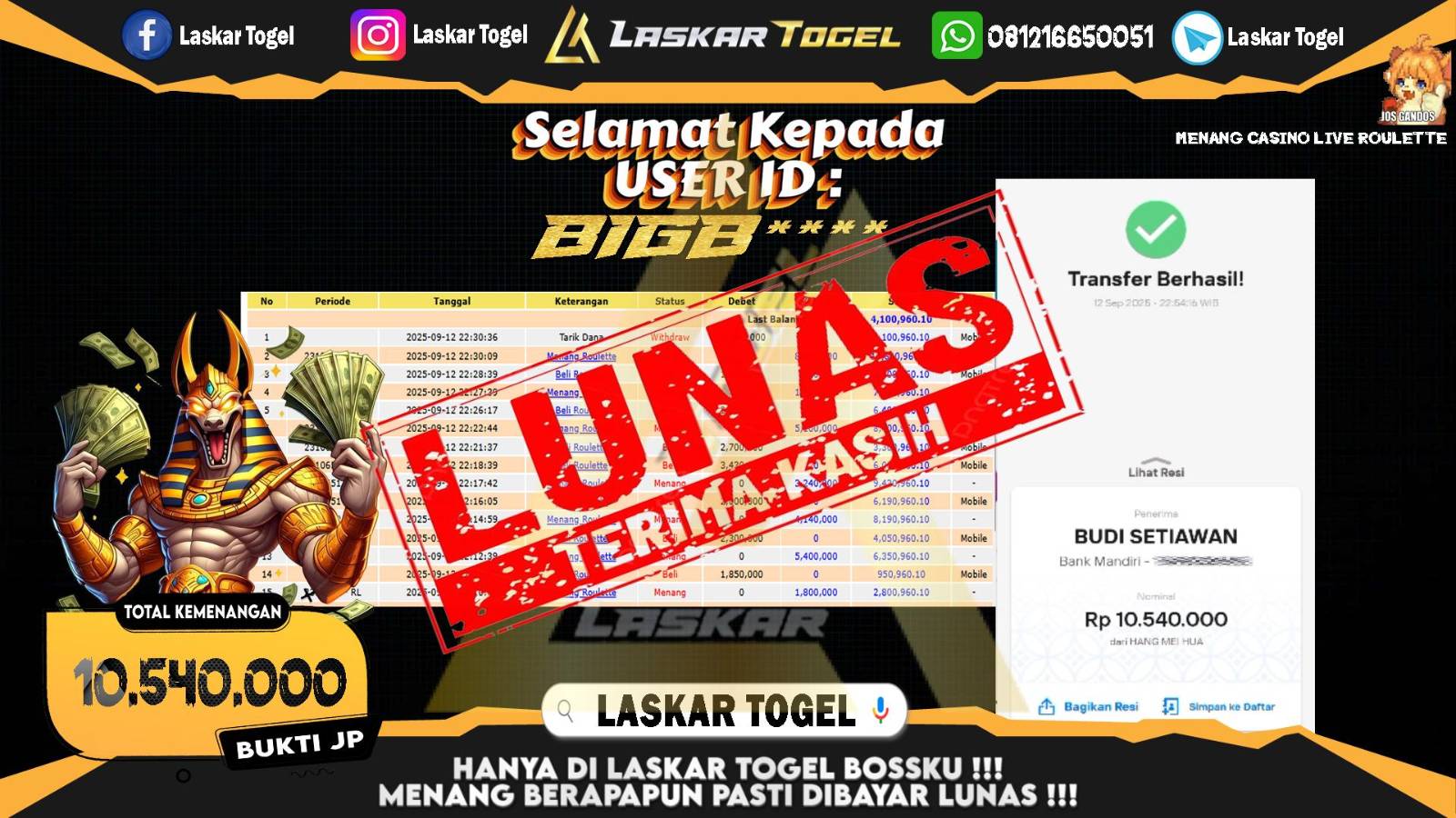 LASKARTOGEL JACKPOT CASINO LIVE ROULETTE Rp.10.540.000,- LUNAS