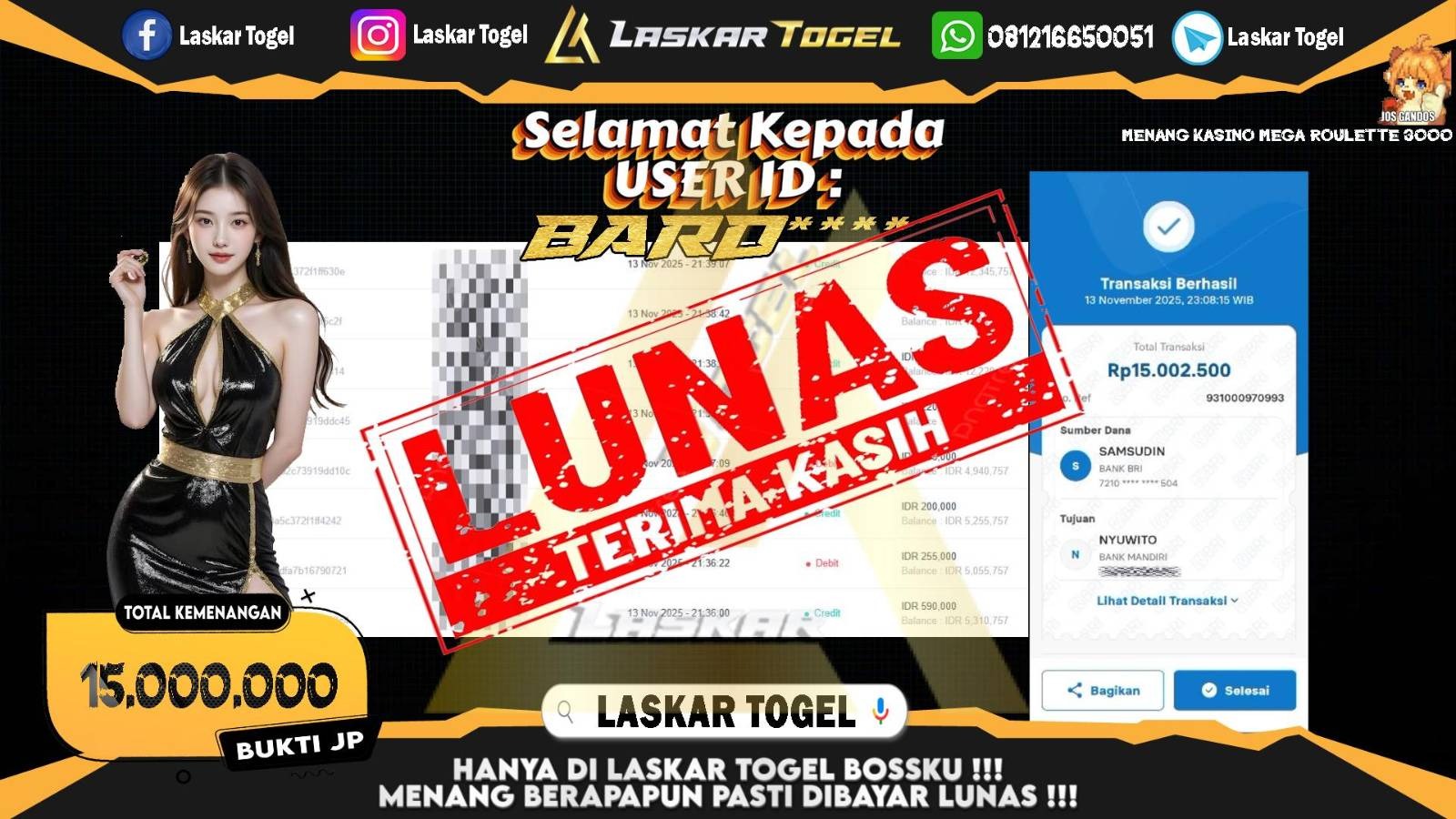 LASKARTOGEL JACKPOT CASINO MEGA ROULETTE 3000 Rp.15.000.000,- LUNAS