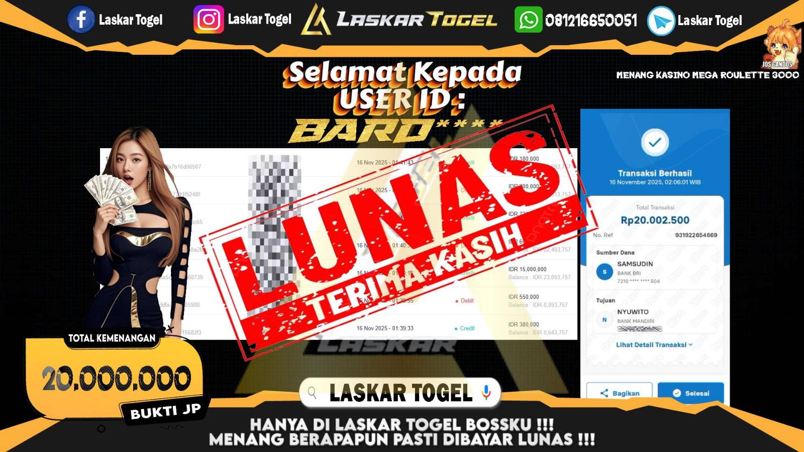 LASKARTOGEL JACKPOT CASINO MEGA ROULETTE 3000 Rp.20.000.000,- LUNAS