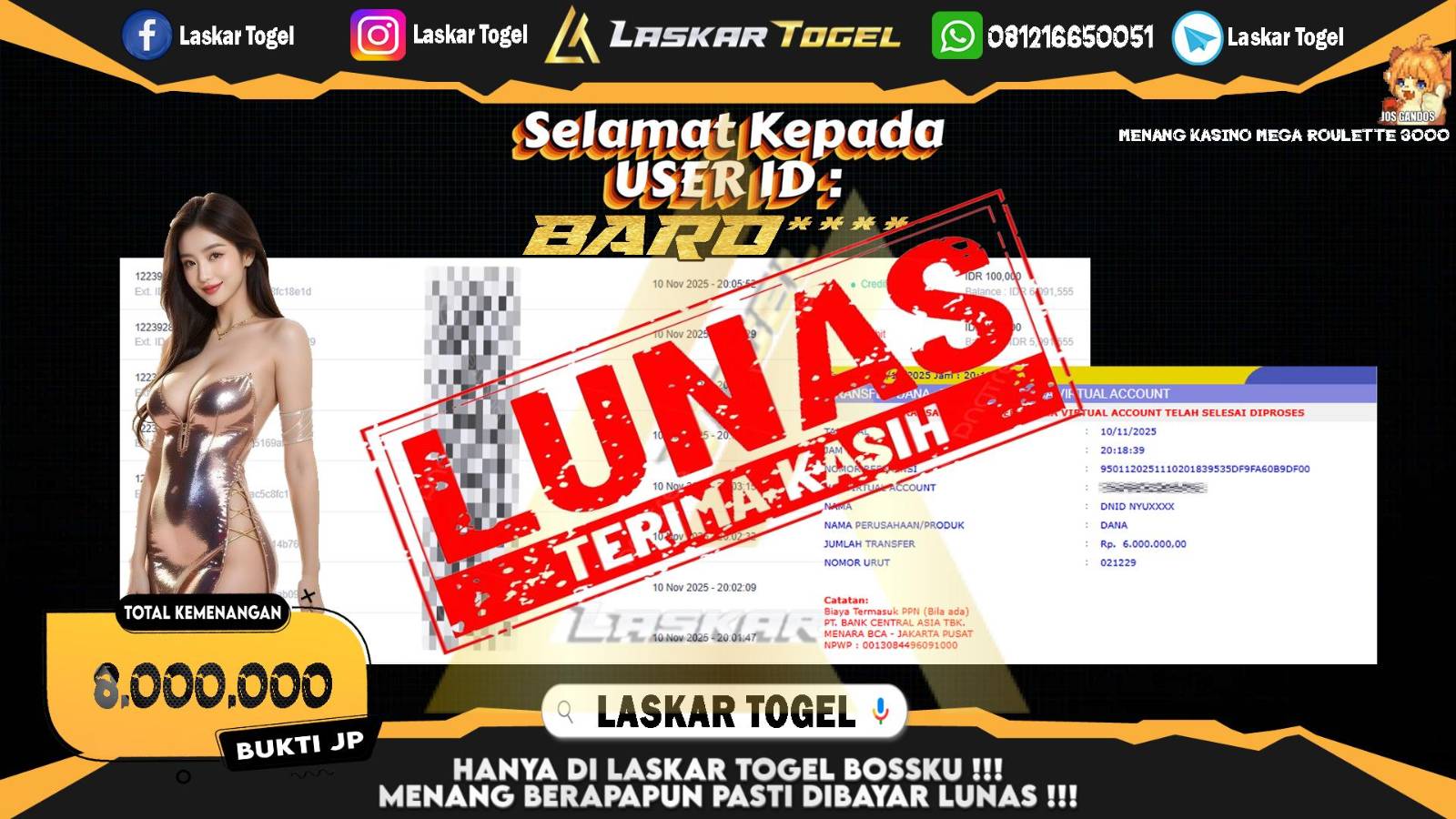 LASKARTOGEL JACKPOT CASINO MEGA ROULETTE 3000 Rp.8.000.000,- LUNAS