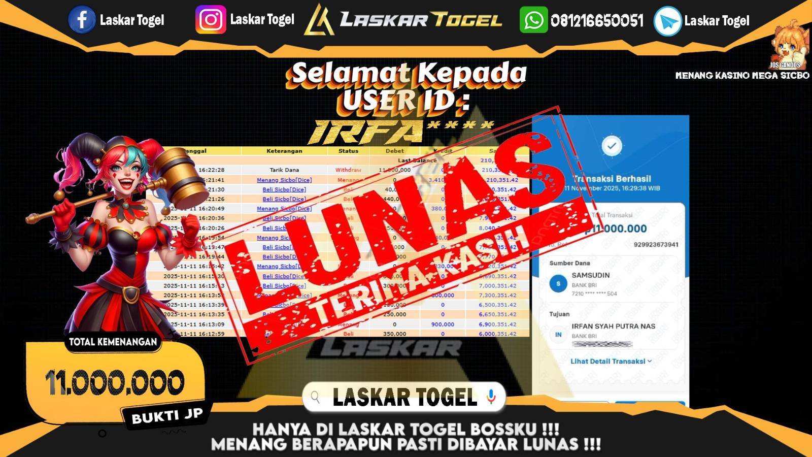 LASKARTOGEL JACKPOT CASINO MEGA SICBO Rp.11.000.000,- LUNAS
