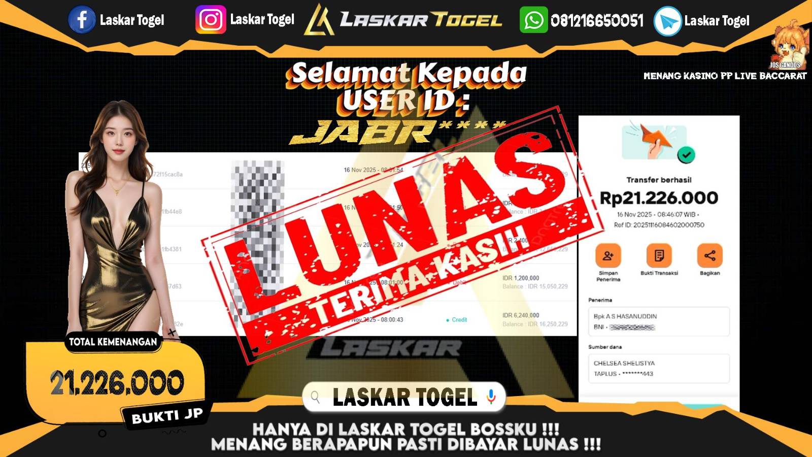LASKARTOGEL JACKPOT CASINO PP LIVE BACCARAT Rp.21.226.000,- LUNAS