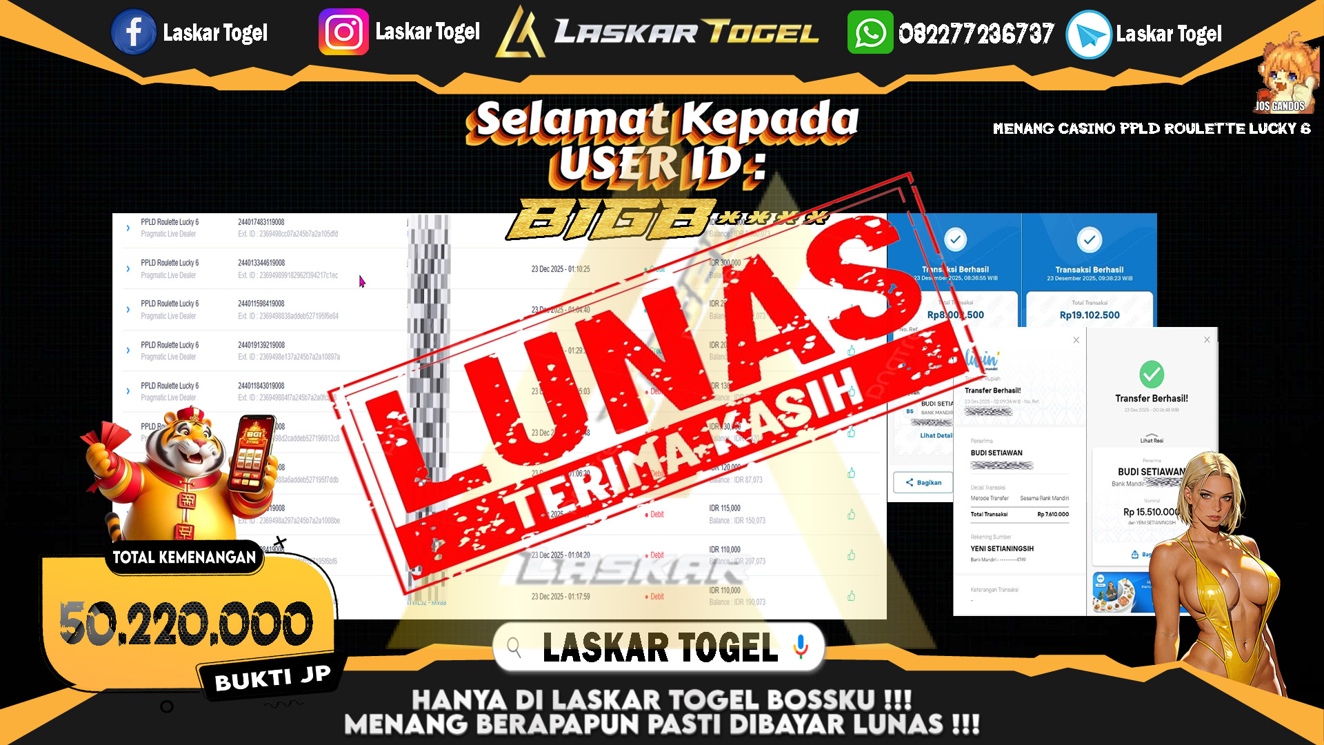 LASKARTOGEL JACKPOT CASINO PPLD ROULETTE LUCKY 6 Rp.50.220.000,- LUNAS