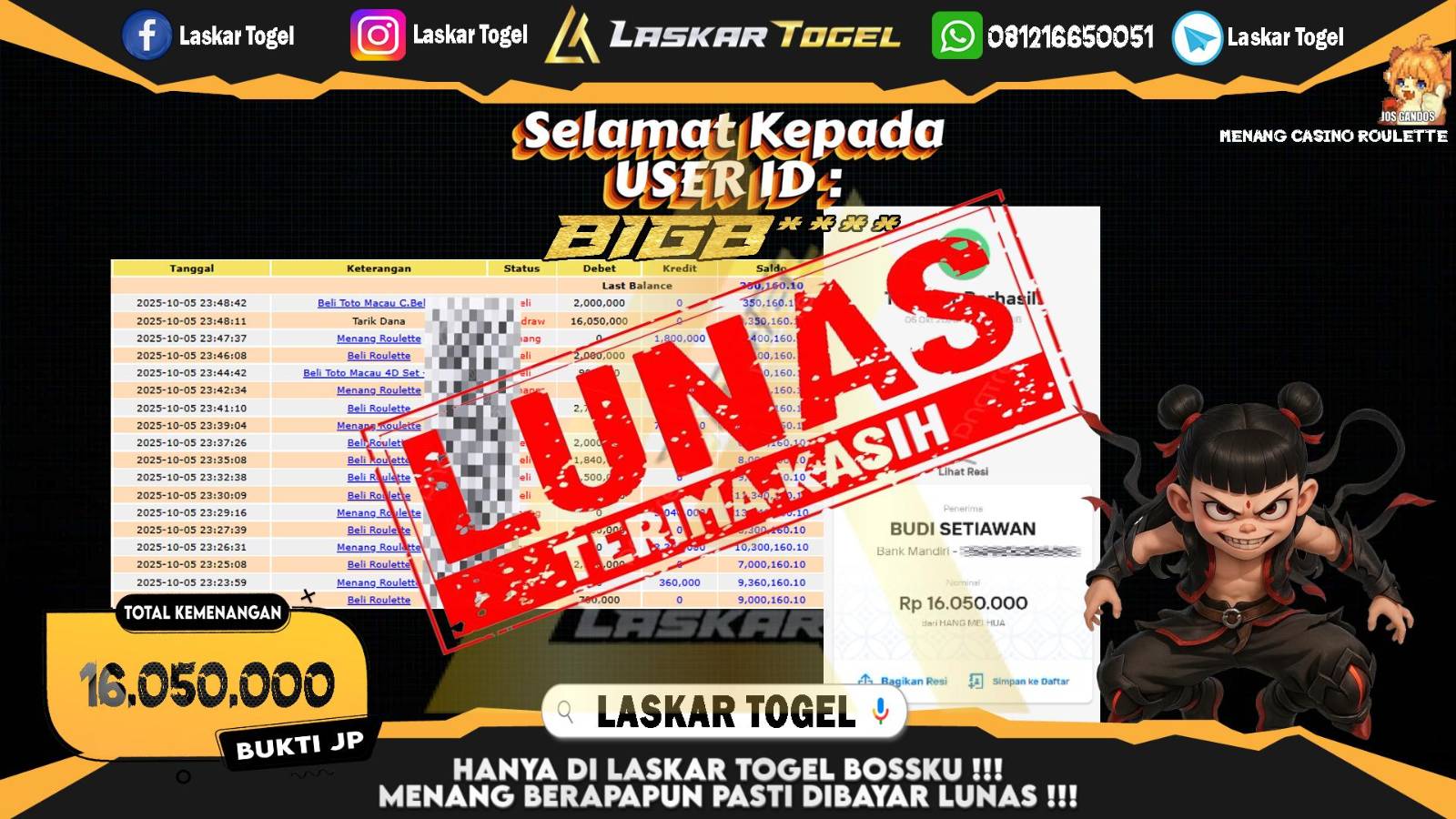 LASKARTOGEL JACKPOT CASINO ROULETTE Rp.16.050.000,- LUNAS