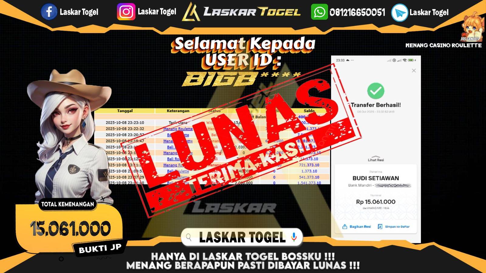 LASKARTOGEL JACKPOT CASINO ROULETTE Rp.15.061.000,- LUNAS