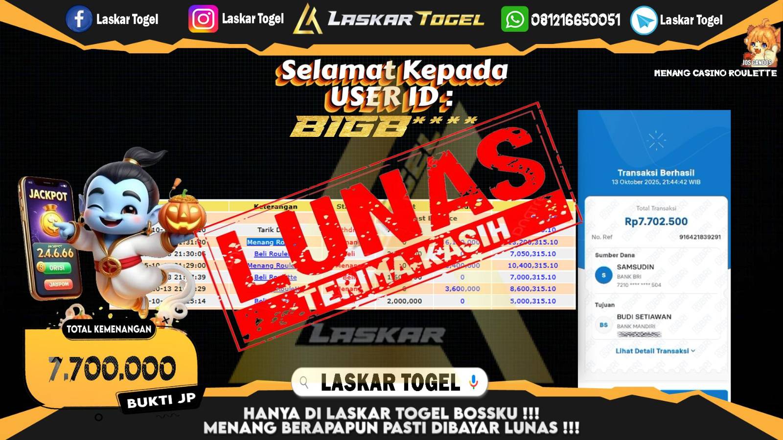 LASKARTOGEL JACKPOT CASINO ROULETTE Rp.7.700.000,- LUNAS