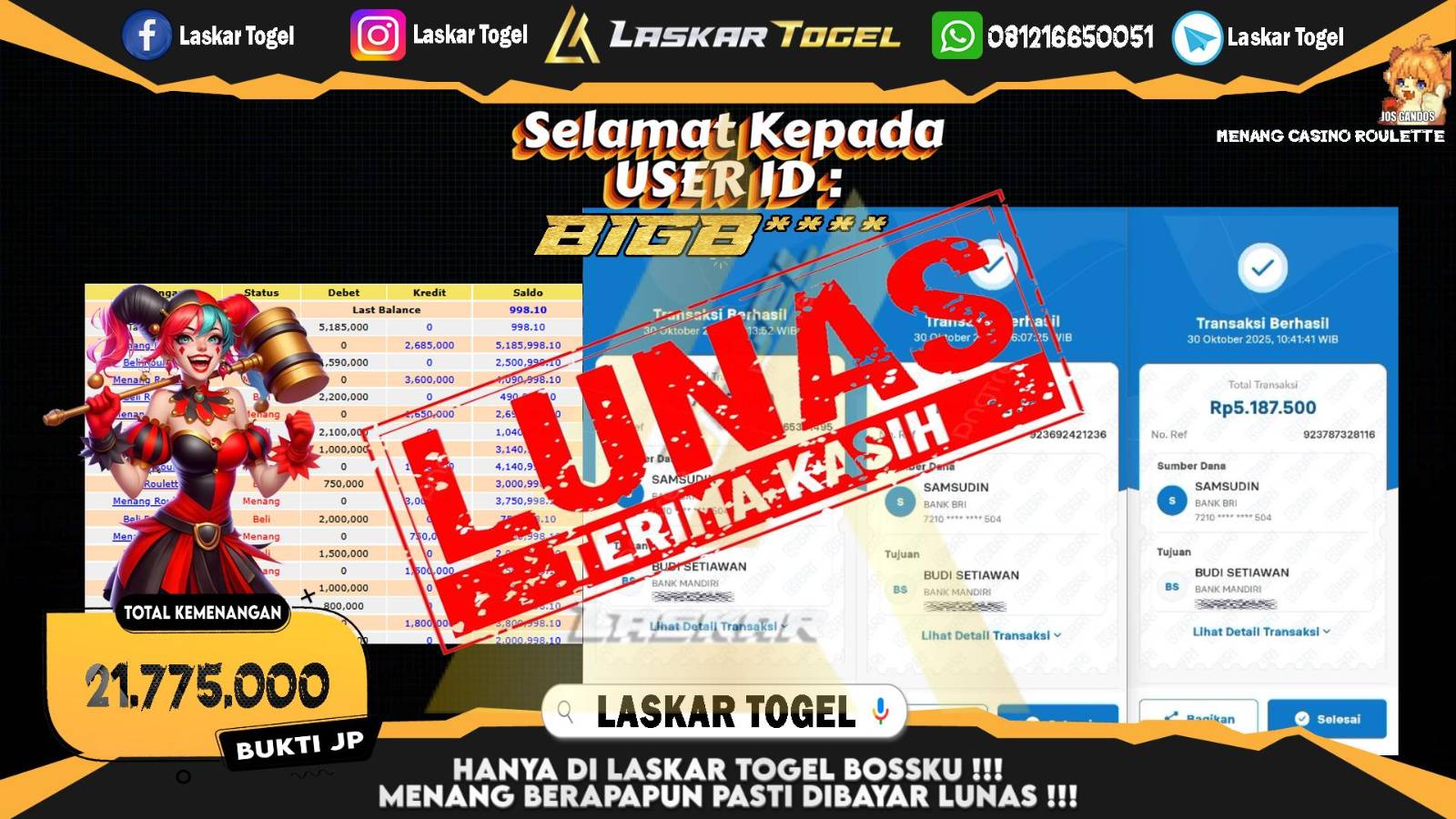 LASKARTOGEL JACKPOT CASINO ROULETTE Rp.21.775.000,- LUNAS