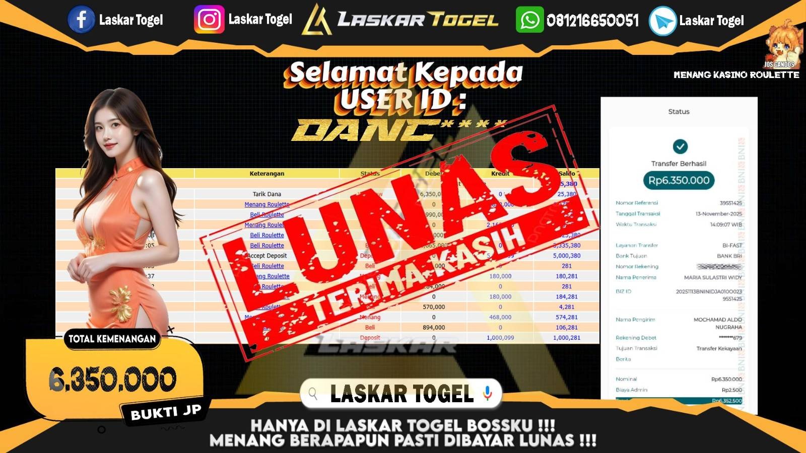 LASKARTOGEL JACKPOT CASINO ROULETTE Rp.6.350.000,- LUNAS