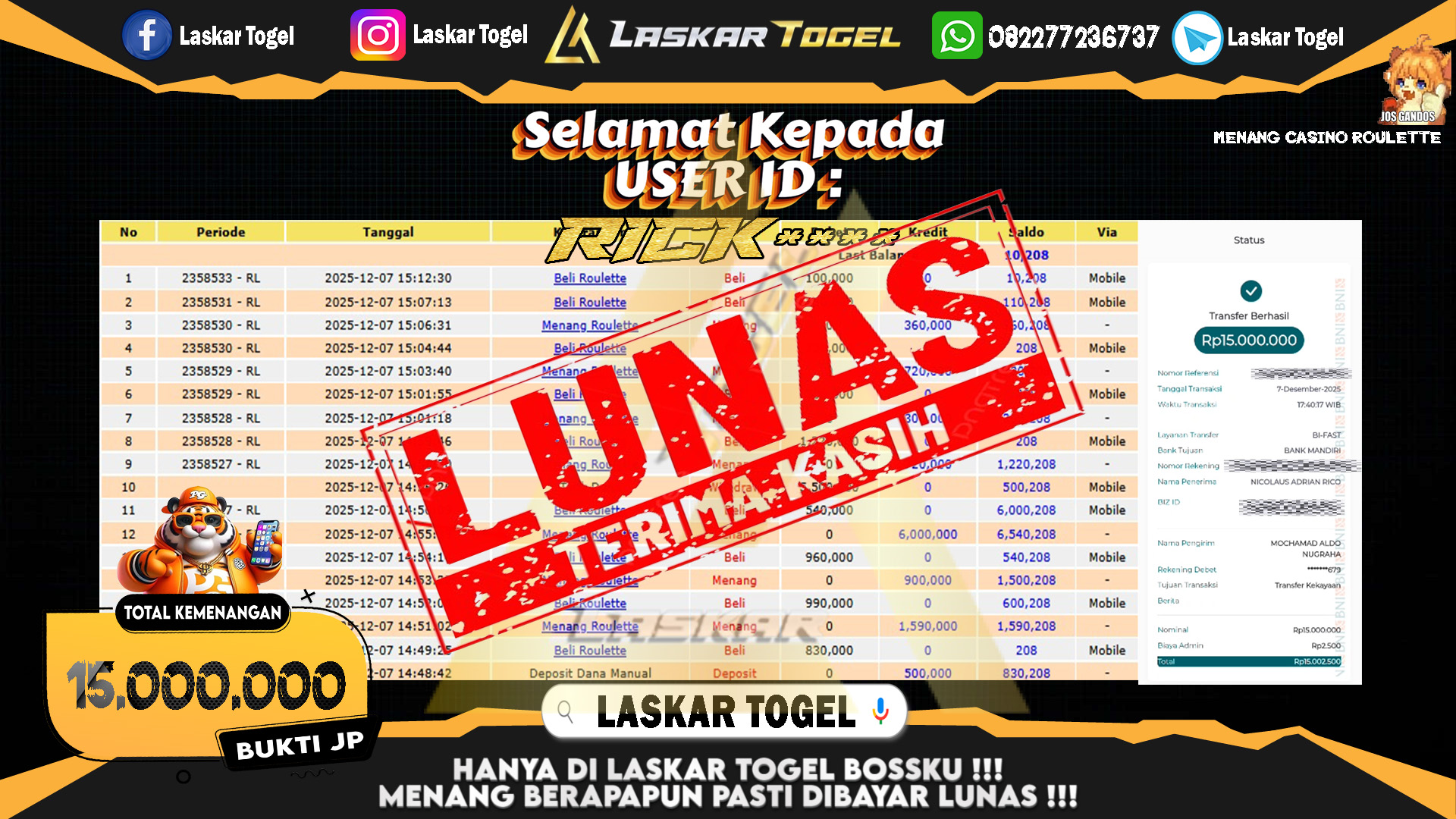 LASKARTOGEL JACKPOT CASINO ROULETTE Rp.15.000.000,- LUNAS
