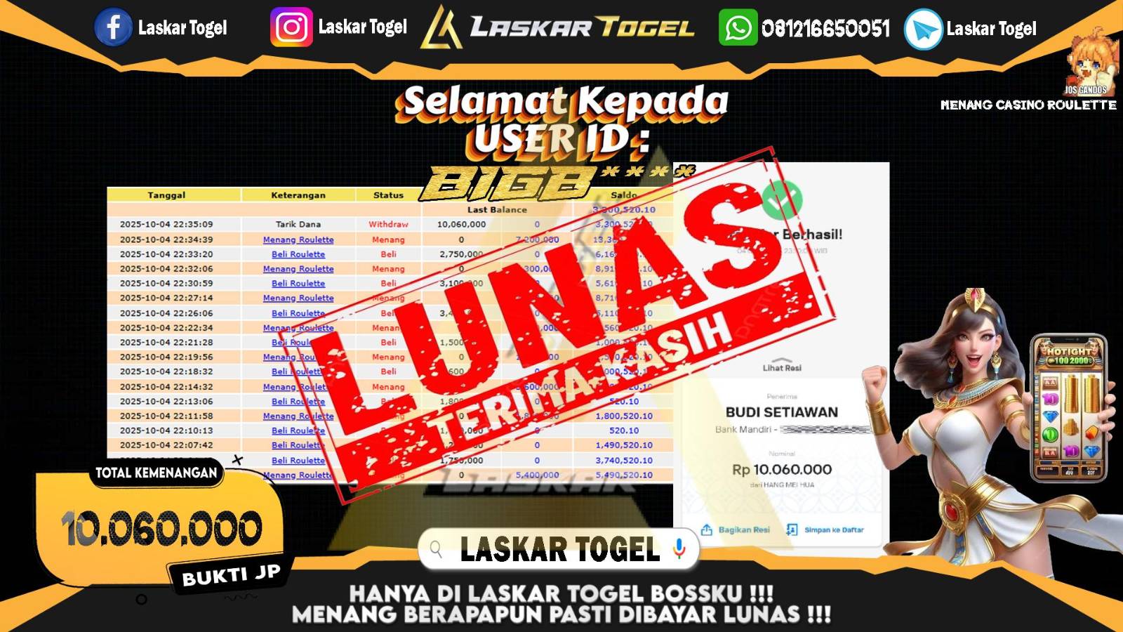 LASKARTOGEL JACKPOT CASINO ROULETTE Rp.10.060.000,- LUNAS