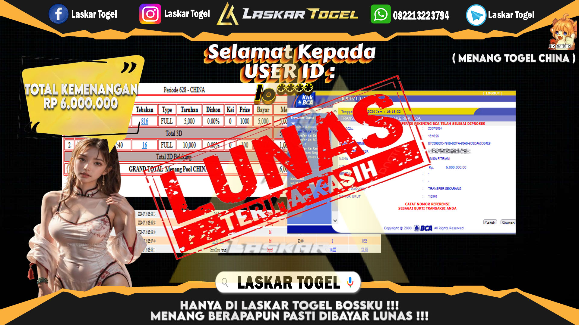 LASKARTOGEL JACKPOT TOGEL CHINA Rp.6.000.000.,- LUNAS