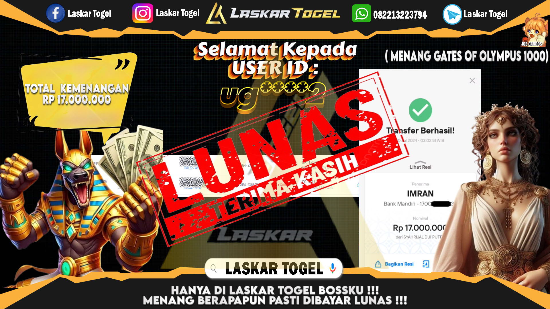 LASKARTOGEL JACKPOT  SLOT GATES OF OLYMPUS 1000 Rp.17.000.000.,- LUNAS