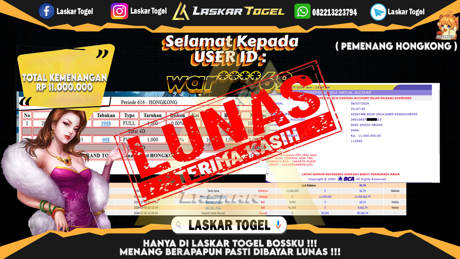 LASKARTOGEL JACKPOT  TOGEL HONGKONG Rp.11.000.000.,- LUNAS