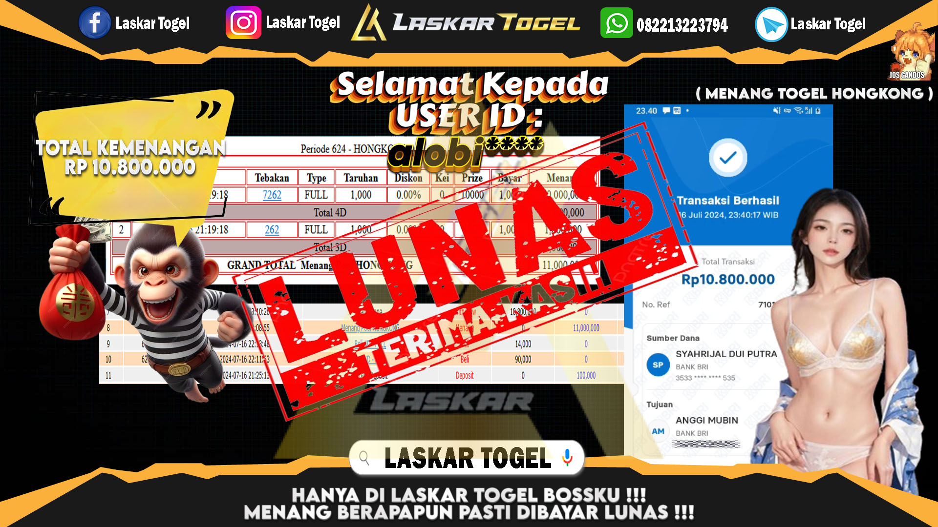 LASKARTOGEL JACKPOT  TOGEL HONGKONG Rp.10.800.000.,- LUNAS