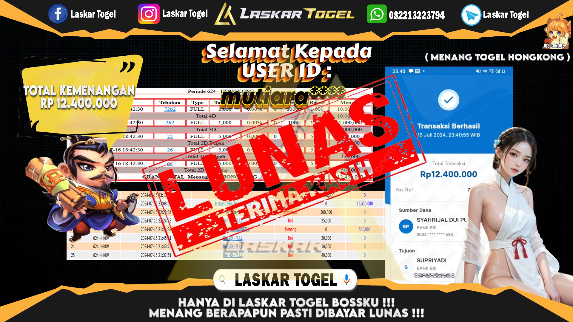 LASKARTOGEL JACKPOT  TOGEL HONGKONG Rp.12.400.000.,- LUNAS