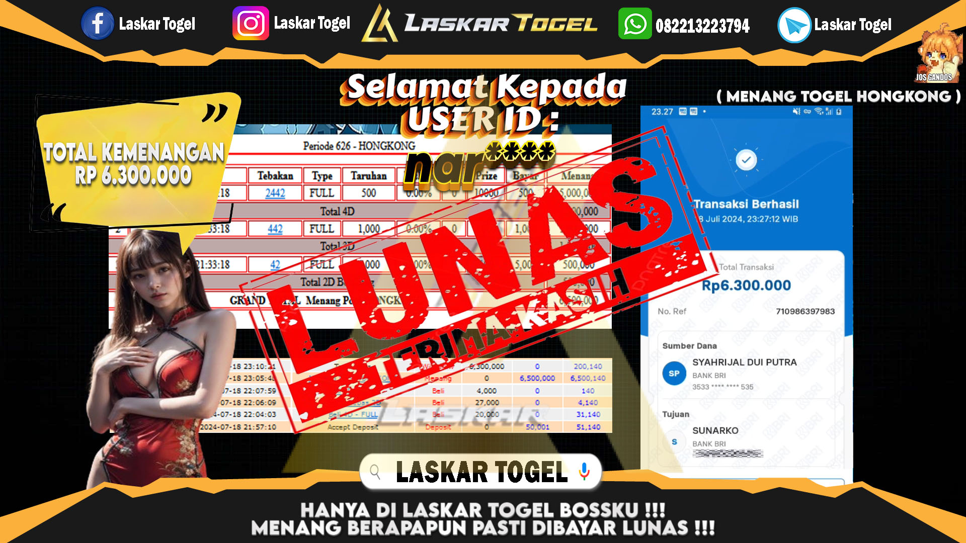 LASKARTOGEL JACKPOT TOGEL HONGKONG Rp.6.300.000.,- LUNAS