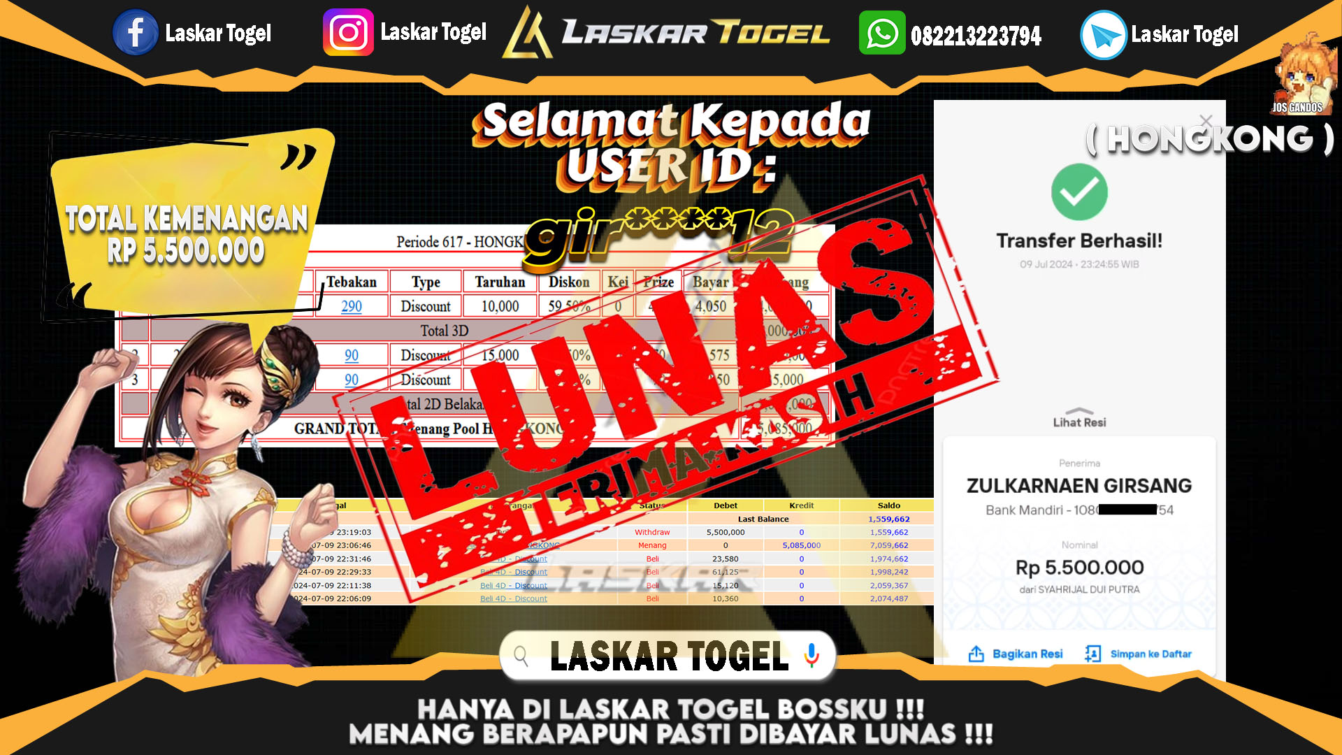 LASKARTOGEL JACKPOT  TOGEL HONGKONG Rp.5.500.000.,- LUNAS