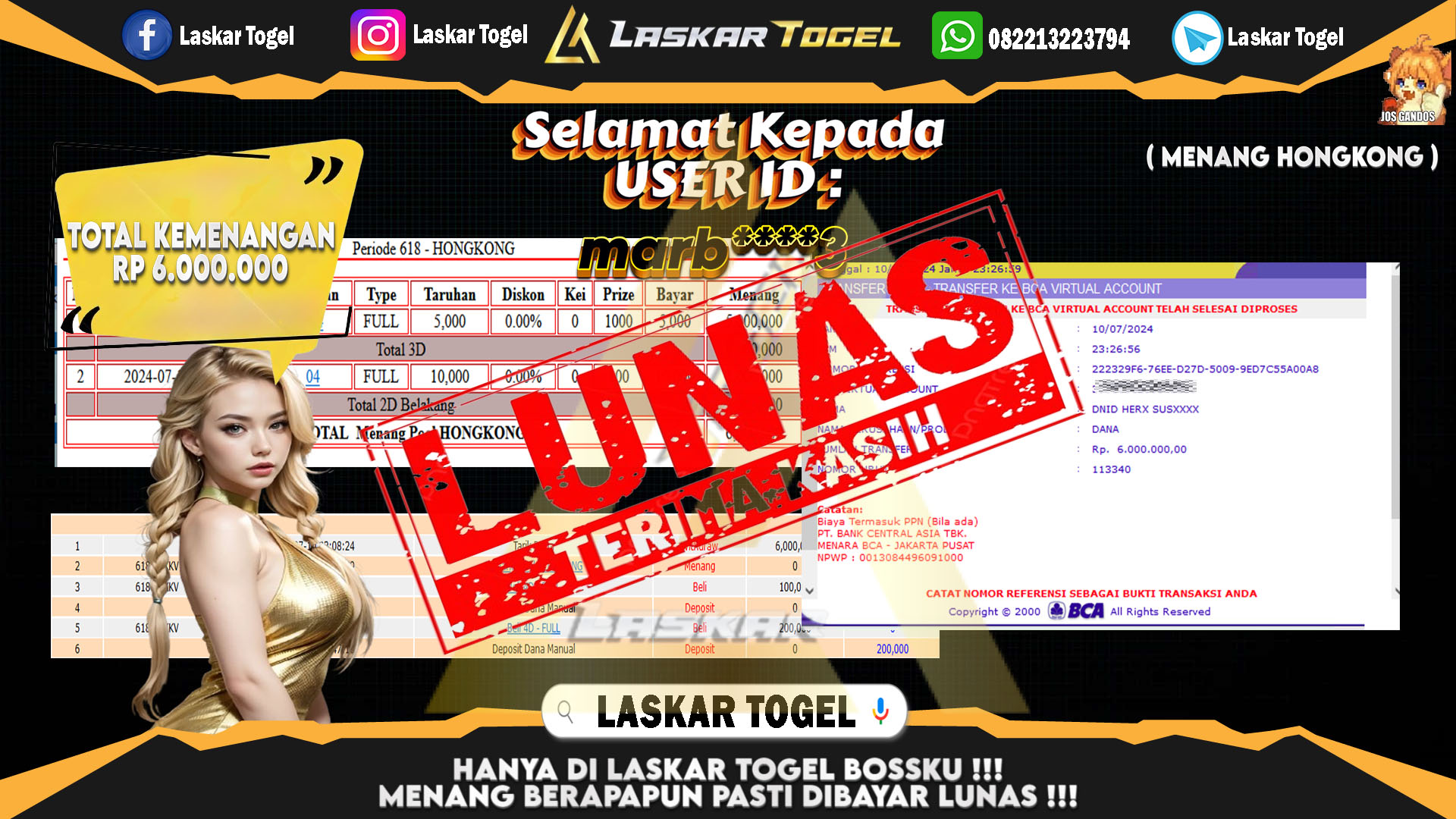 LASKARTOGEL JACKPOT  TOGEL HONGKONG Rp.6.000.000.,- LUNAS