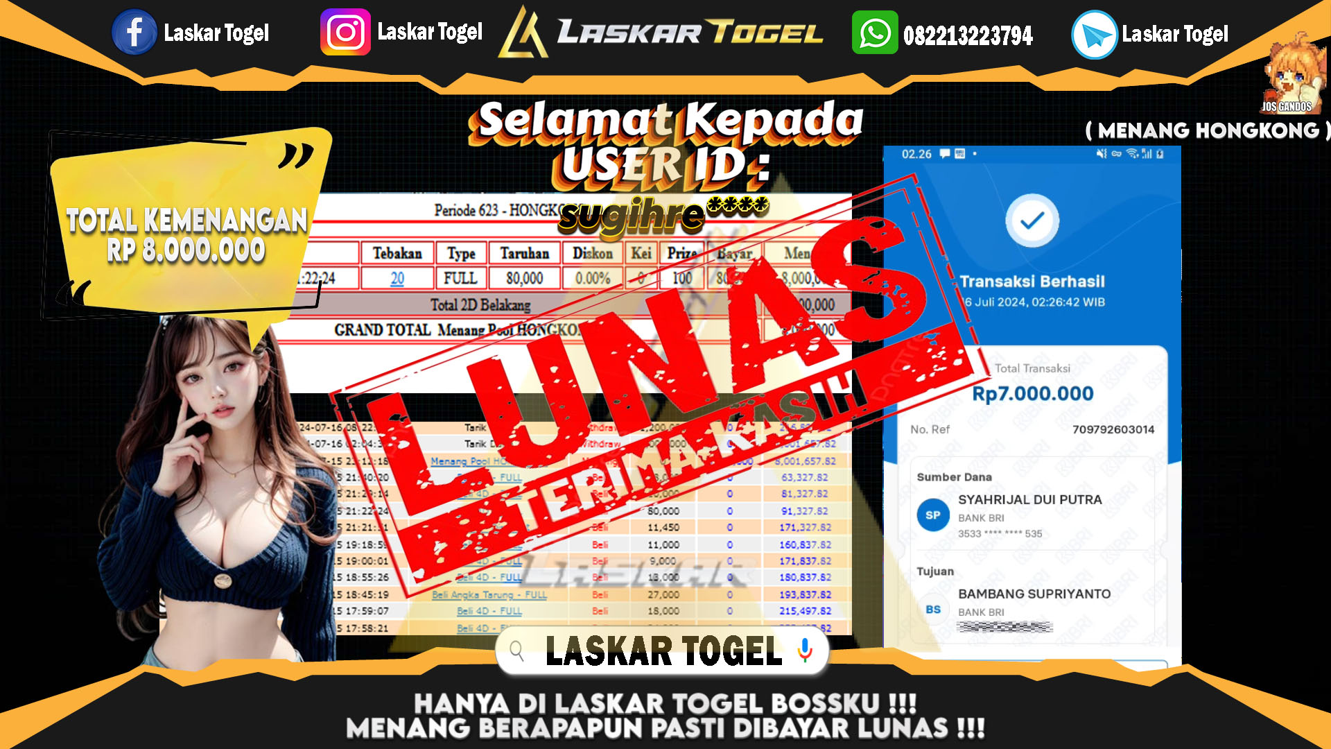 LASKARTOGEL JACKPOT  TOGEL HONGKONG Rp.8.000.000.,- LUNAS