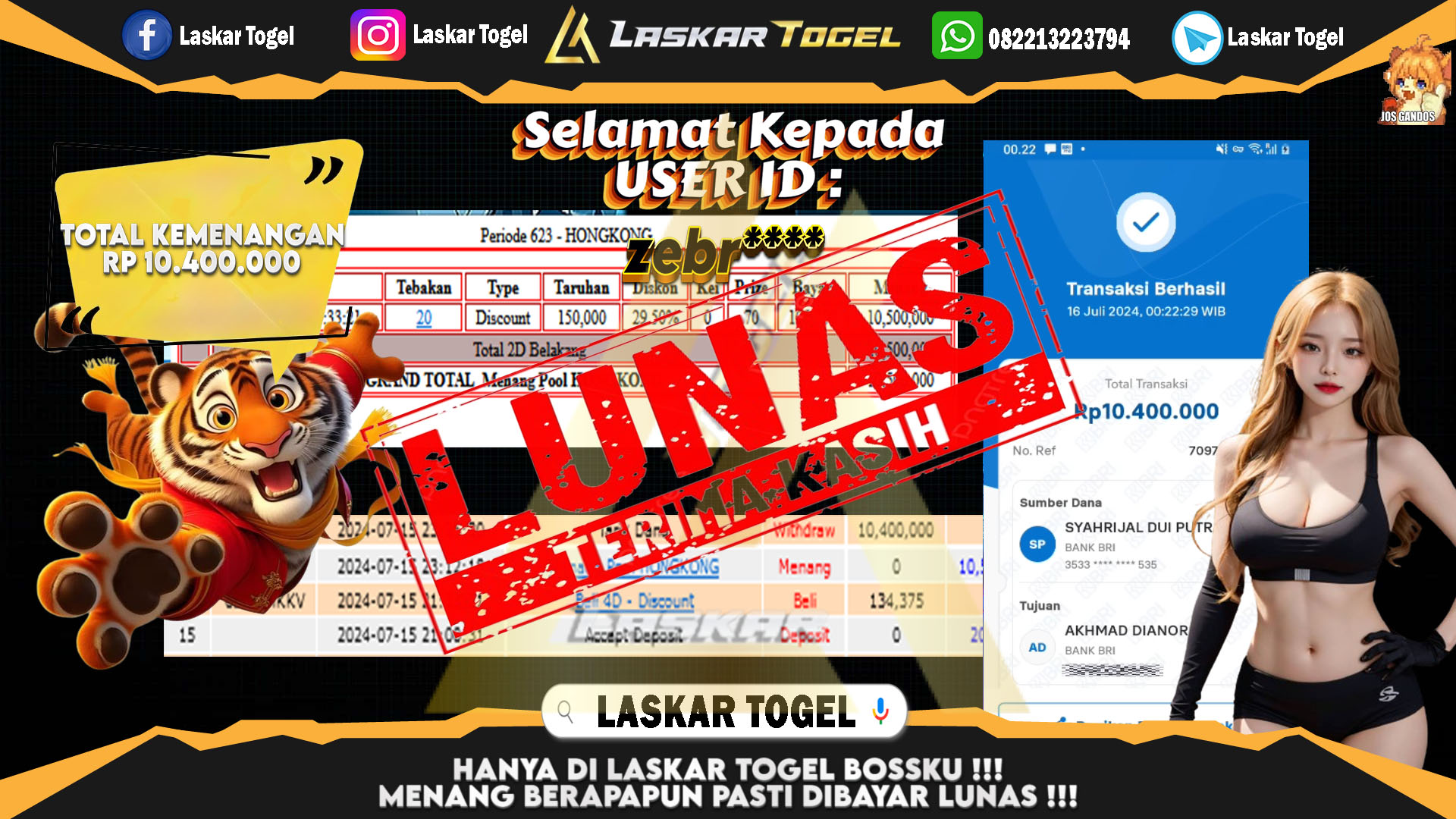 LASKARTOGEL JACKPOT  TOGEL HONGKONG Rp.10.400.000.,- LUNAS