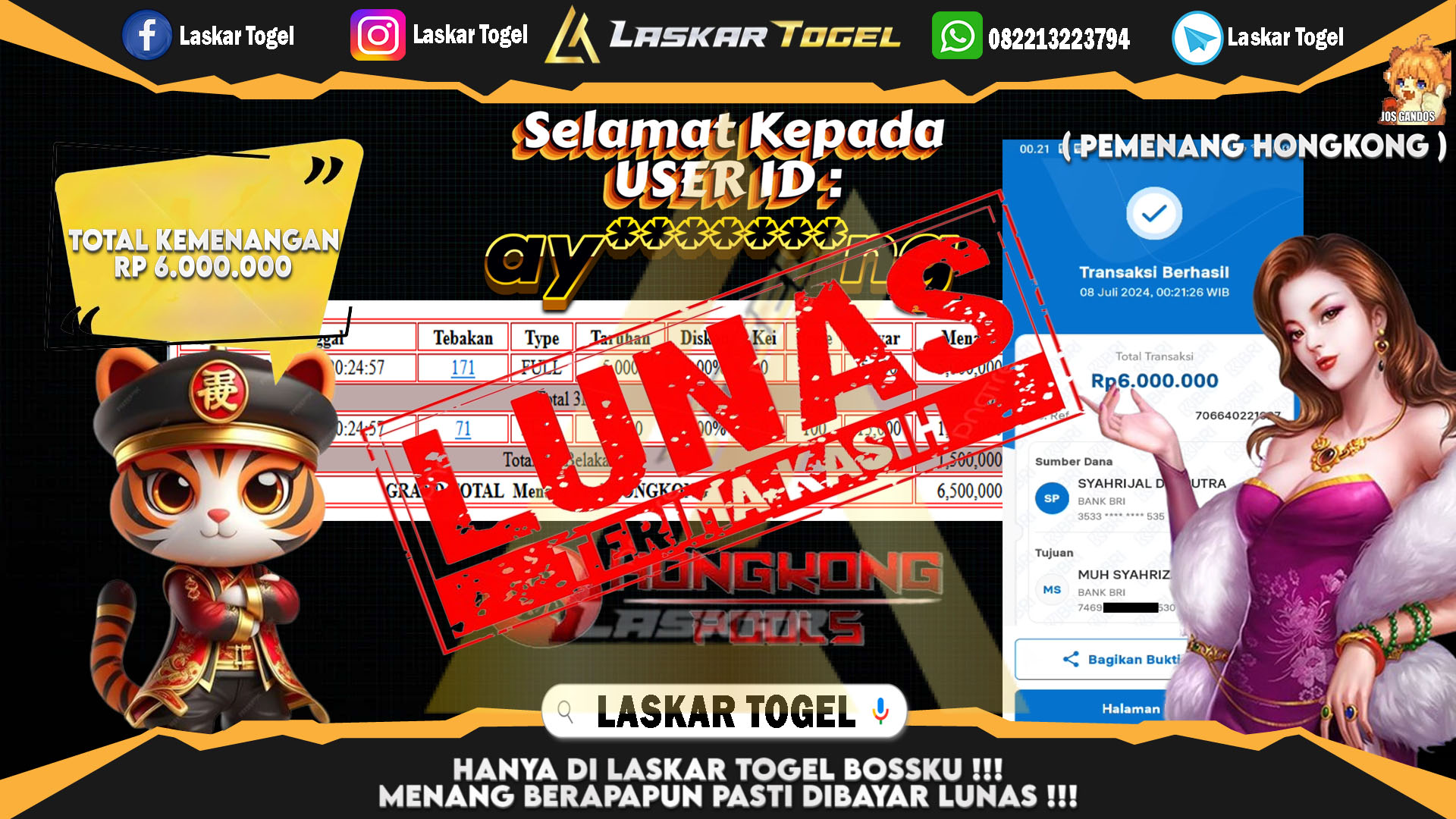 LASKARTOGEL JACKPOT  TOGEL HONGKONG Rp.6.000.000.,- LUNAS
