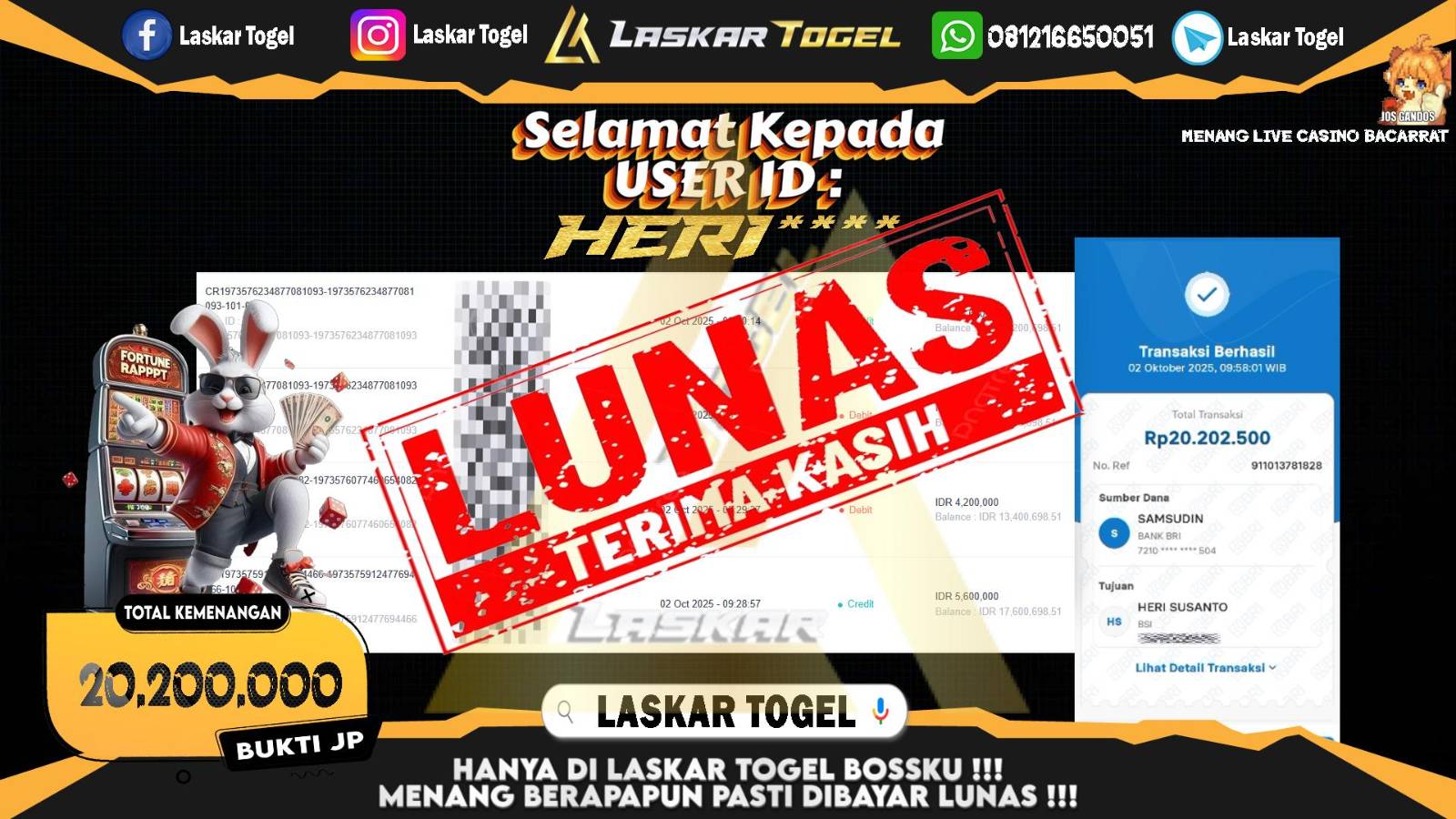 LASKARTOGEL JACKPOT LIVE CASINO BACCARAT Rp.20.200.000,- LUNAS