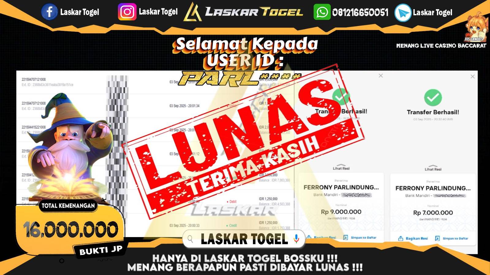 LASKARTOGEL JACKPOT LIVE CASINO BACCARAT Rp.16.000.000,- LUNAS