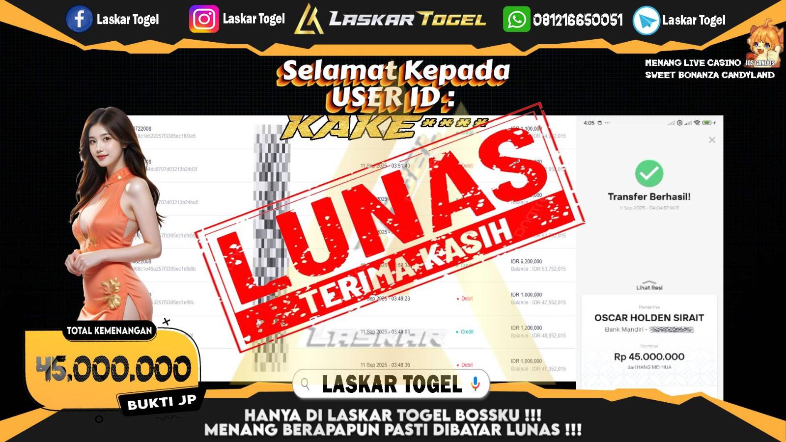 LASKARTOGEL JACKPOT LIVE CASINO DAN SWEET BONANZA CANDYLAND Rp.45.000.000,- LUNAS