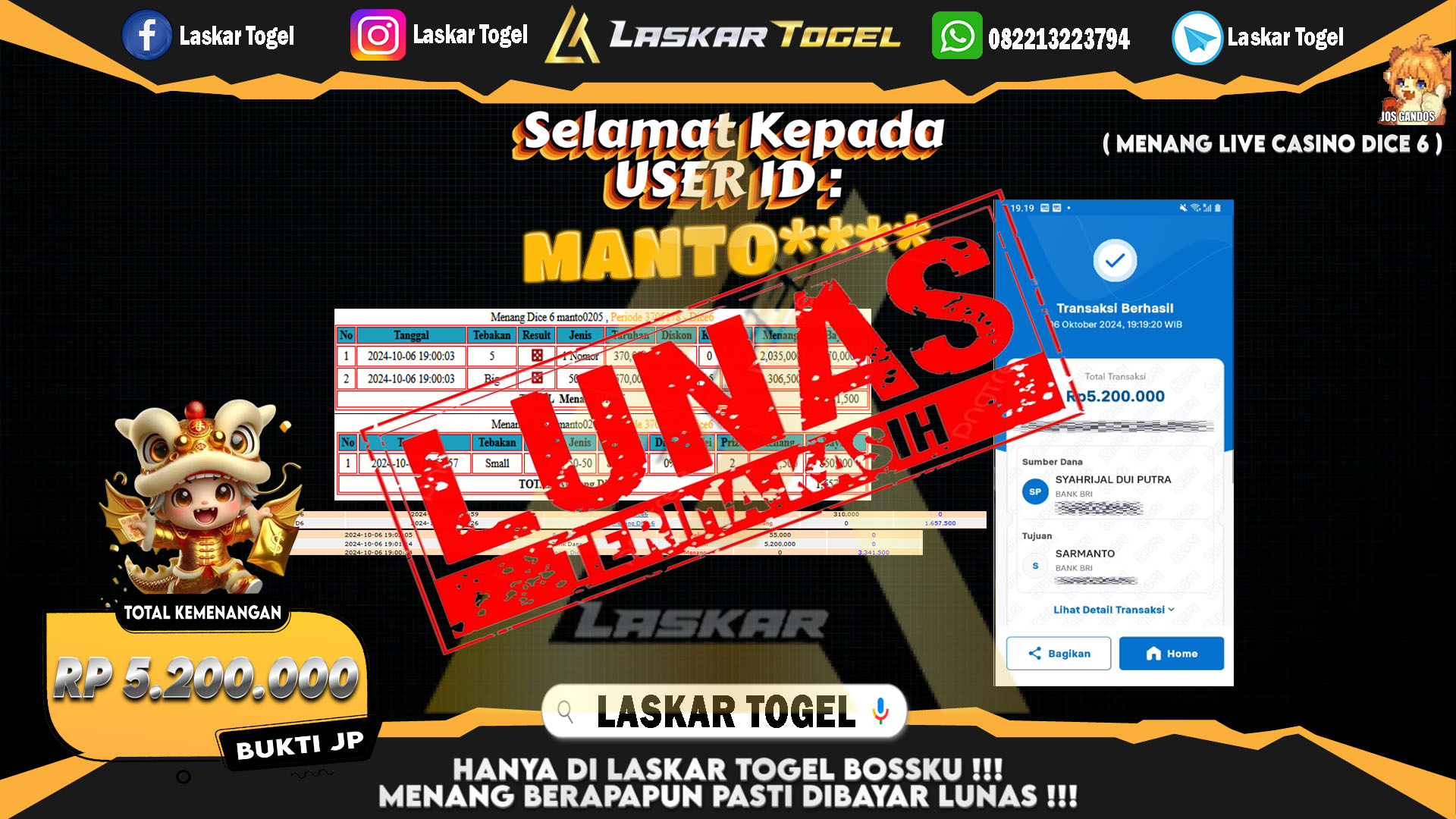 LASKARTOGEL JACKPOT LIVE CASINO DICE 6 Rp.5.200.000.,- LUNAS