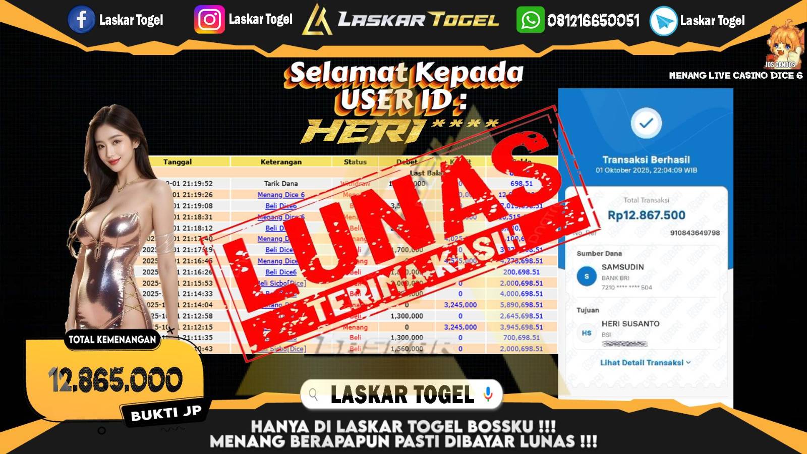 LASKARTOGEL JACKPOT LIVE CASINO DICE 6 Rp.12.865.000,- LUNAS