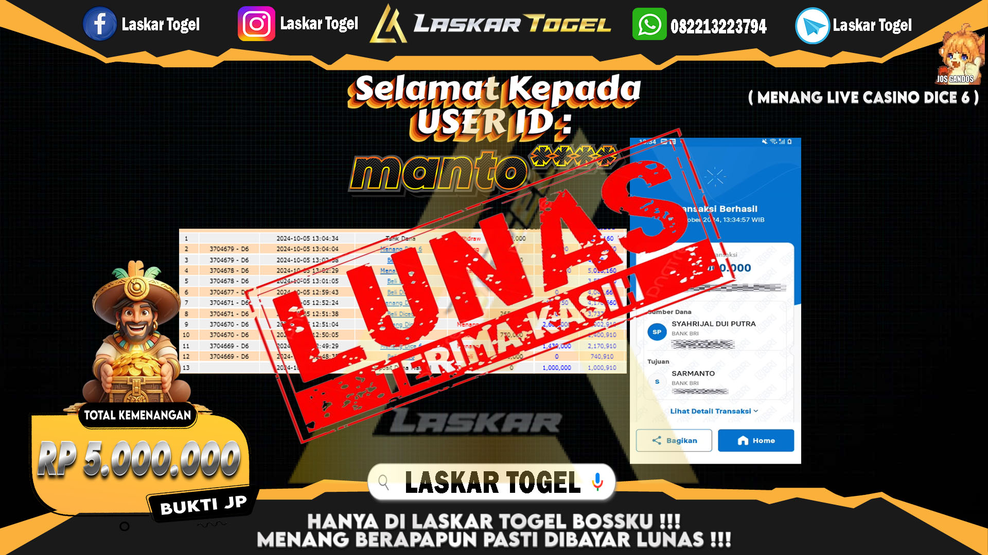LASKARTOGEL JACKPOT LIVE CASINO DICE 6 Rp.5.000.000.,- LUNAS