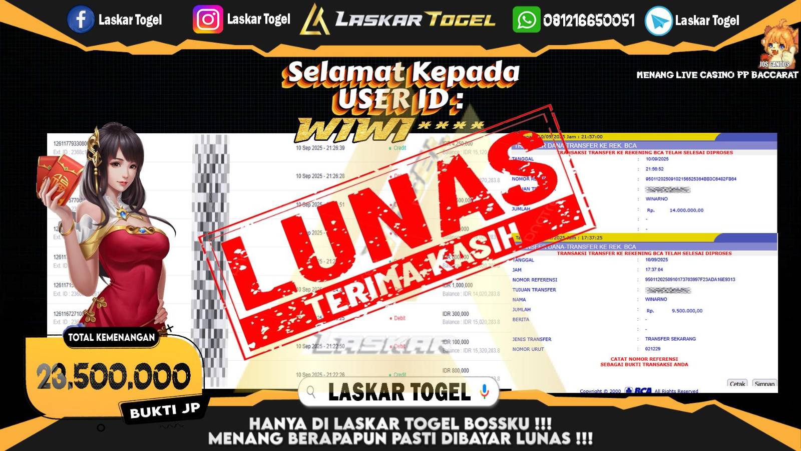 LASKARTOGEL JACKPOT LIVE CASINO PP BACCARAT Rp.23.500.000,- LUNAS