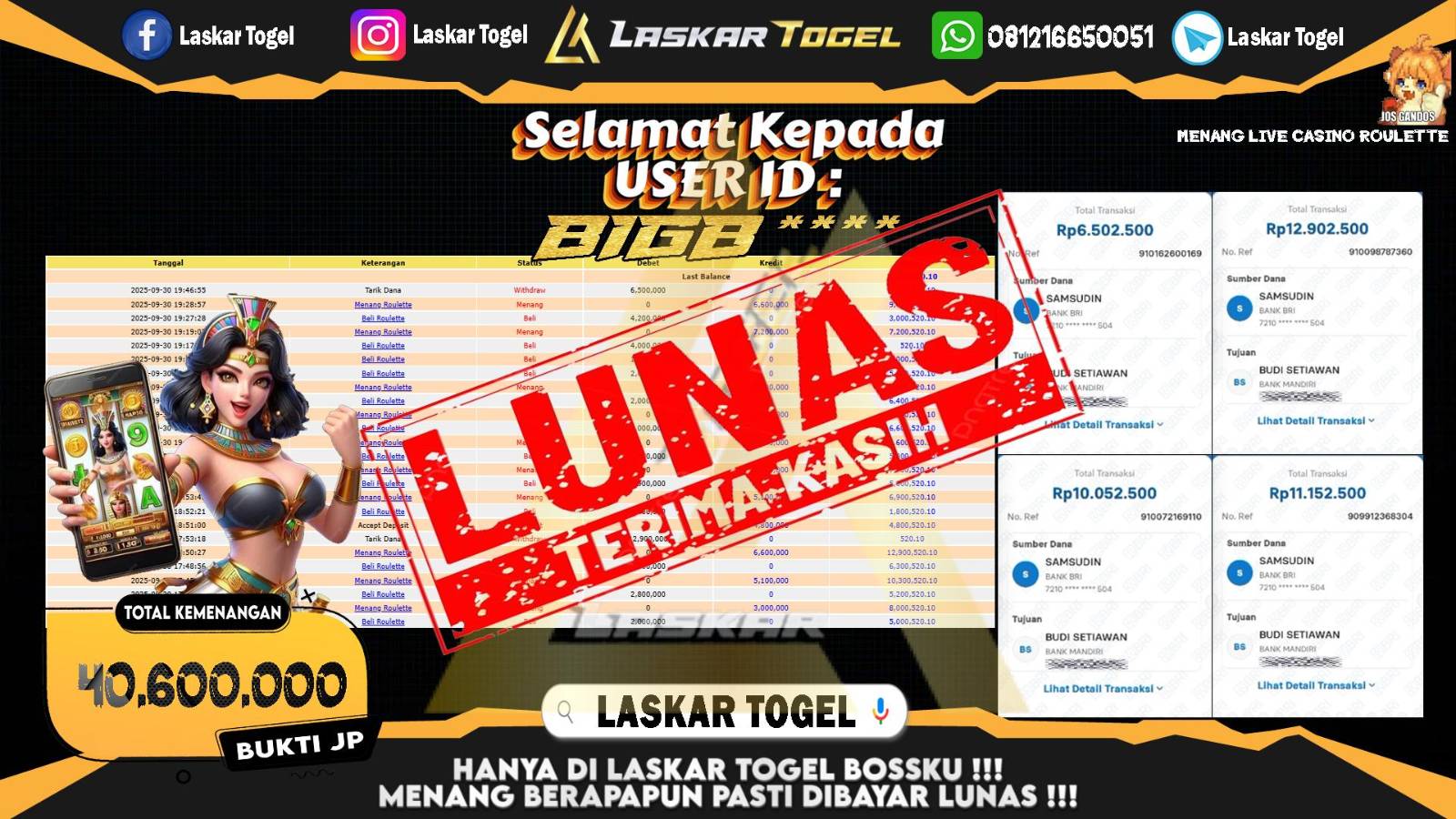 LASKARTOGEL JACKPOT LIVE CASINO ROULETTE Rp.40.600.000,- LUNAS