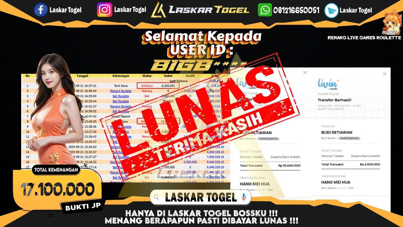 LASKARTOGEL JACKPOT LIVE GAMES ROULETTE Rp.17.100.000,- LUNAS