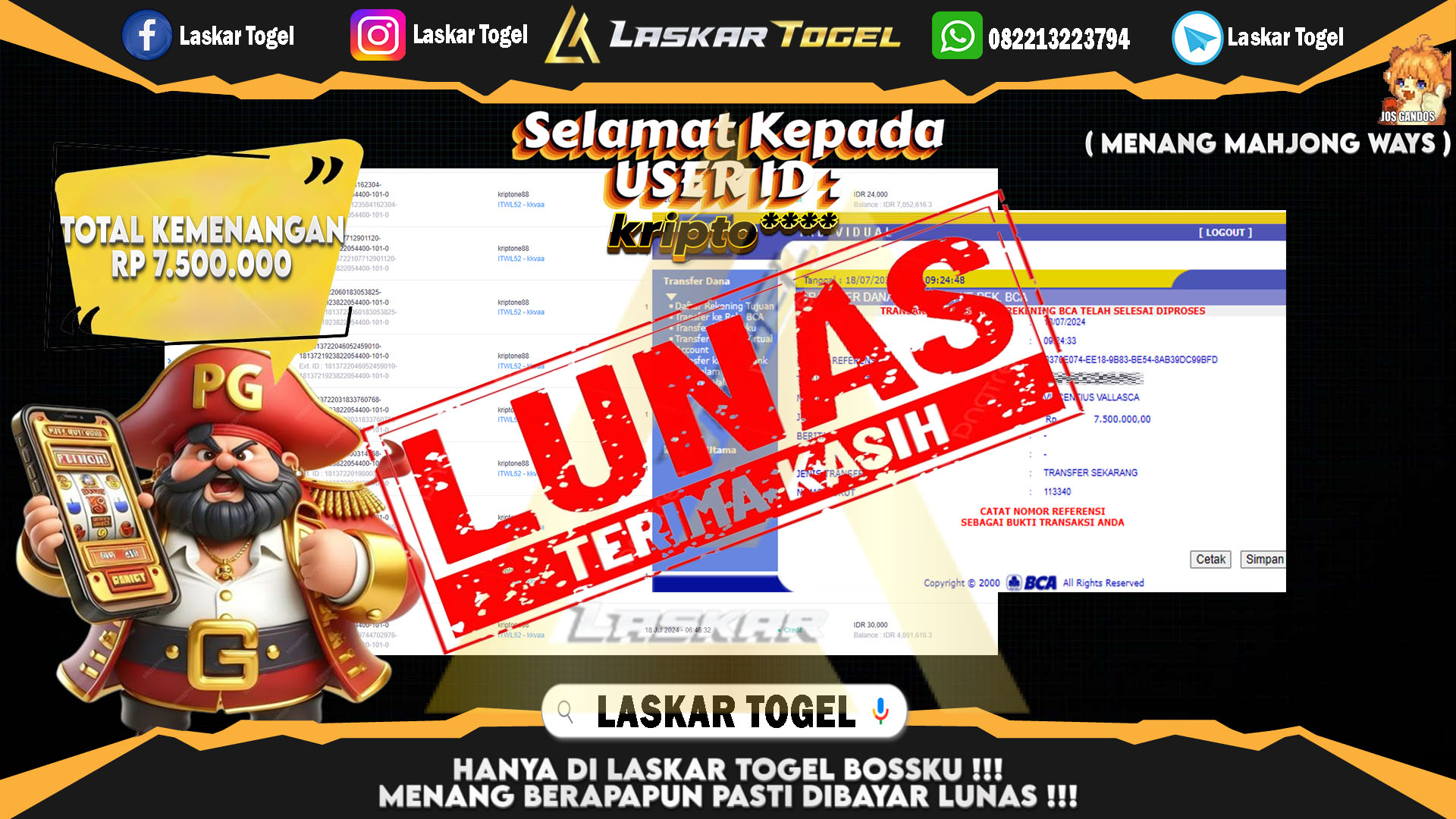 LASKARTOGEL JACKPOT  SLOT MAHJONG WAYS Rp.7.500.000.,- LUNAS