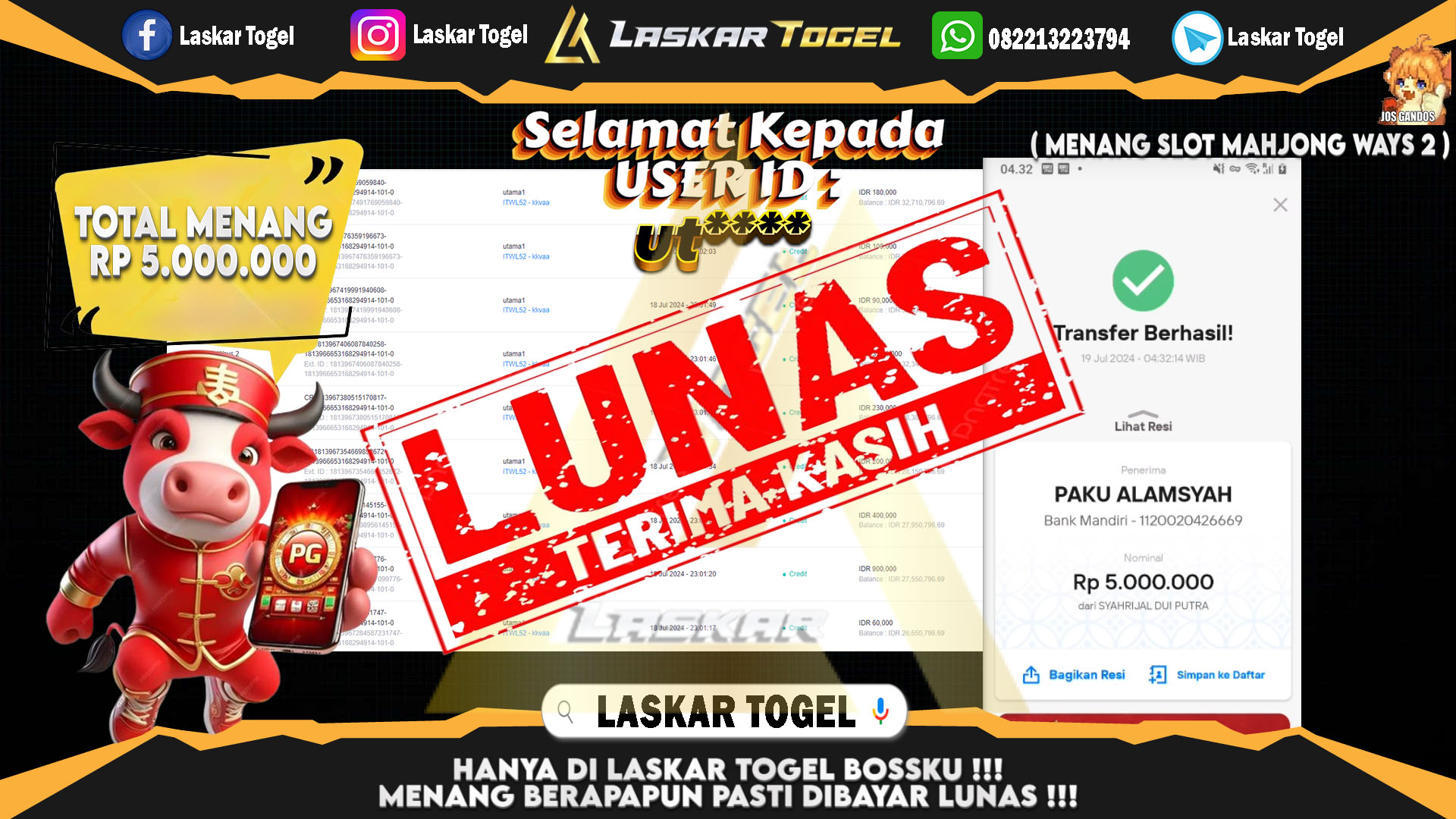 LASKARTOGEL JACKPOT  SLOT MAHJONG WAYS 2 Rp.5.000.000.,- LUNAS