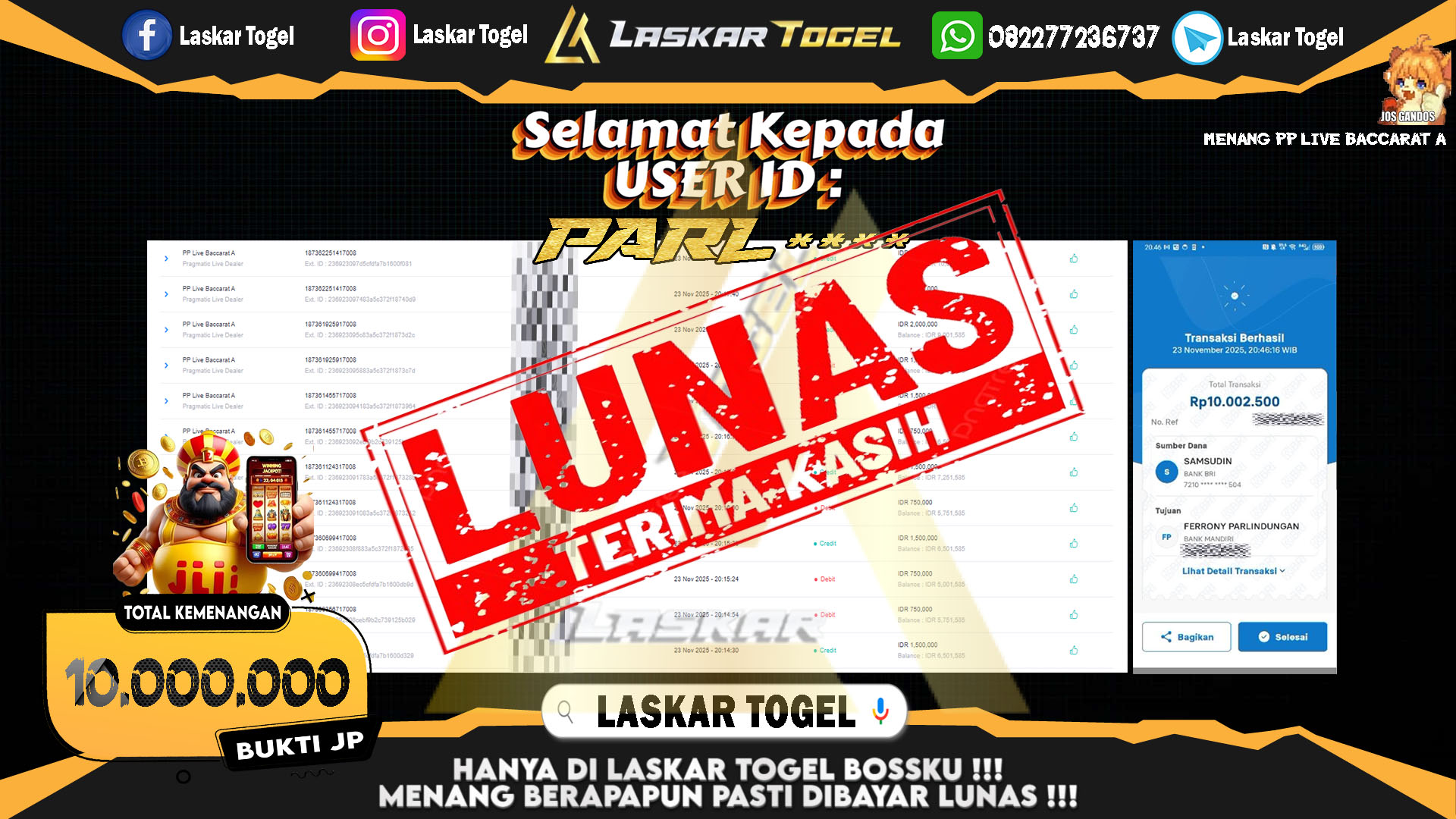 LASKARTOGEL JACKPOT PP LIVE BACCARAT A Rp.10.000.000,- LUNAS