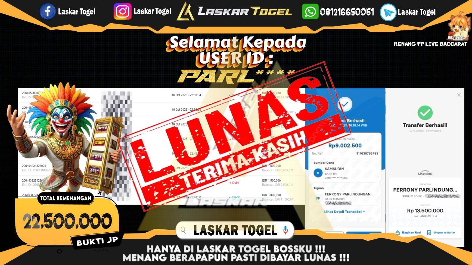 LASKARTOGEL JACKPOT PP LIVE BACCARAT Rp.22.500.000,- LUNAS