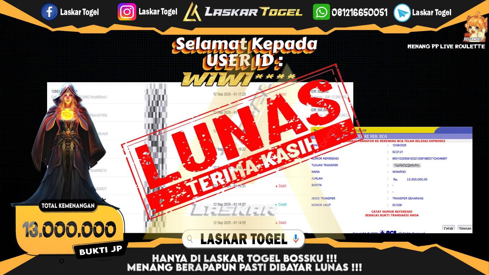 LASKARTOGEL JACKPOT PP LIVE ROULETTE Rp.13.000.000,- LUNAS