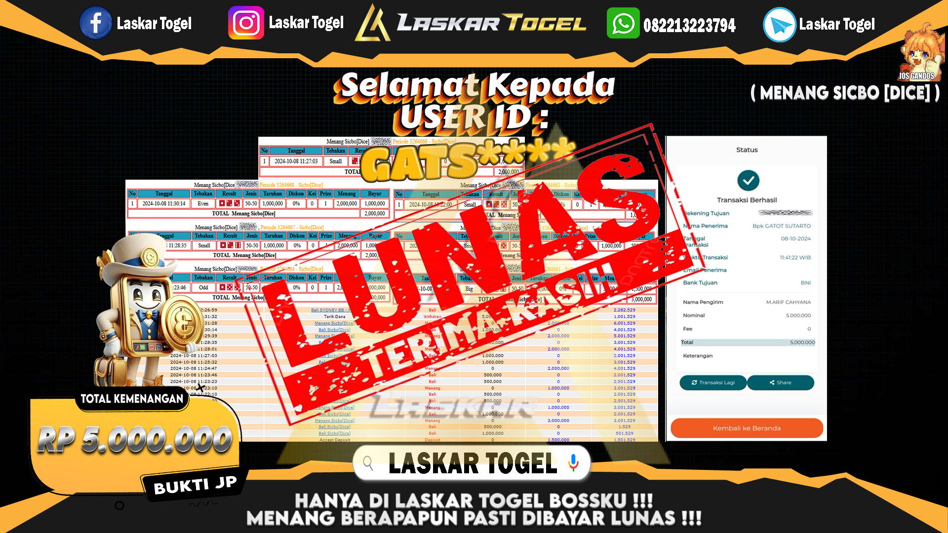 LASKARTOGEL JACKPOT SICBO [DICE] Rp.5.000.000.,- LUNAS