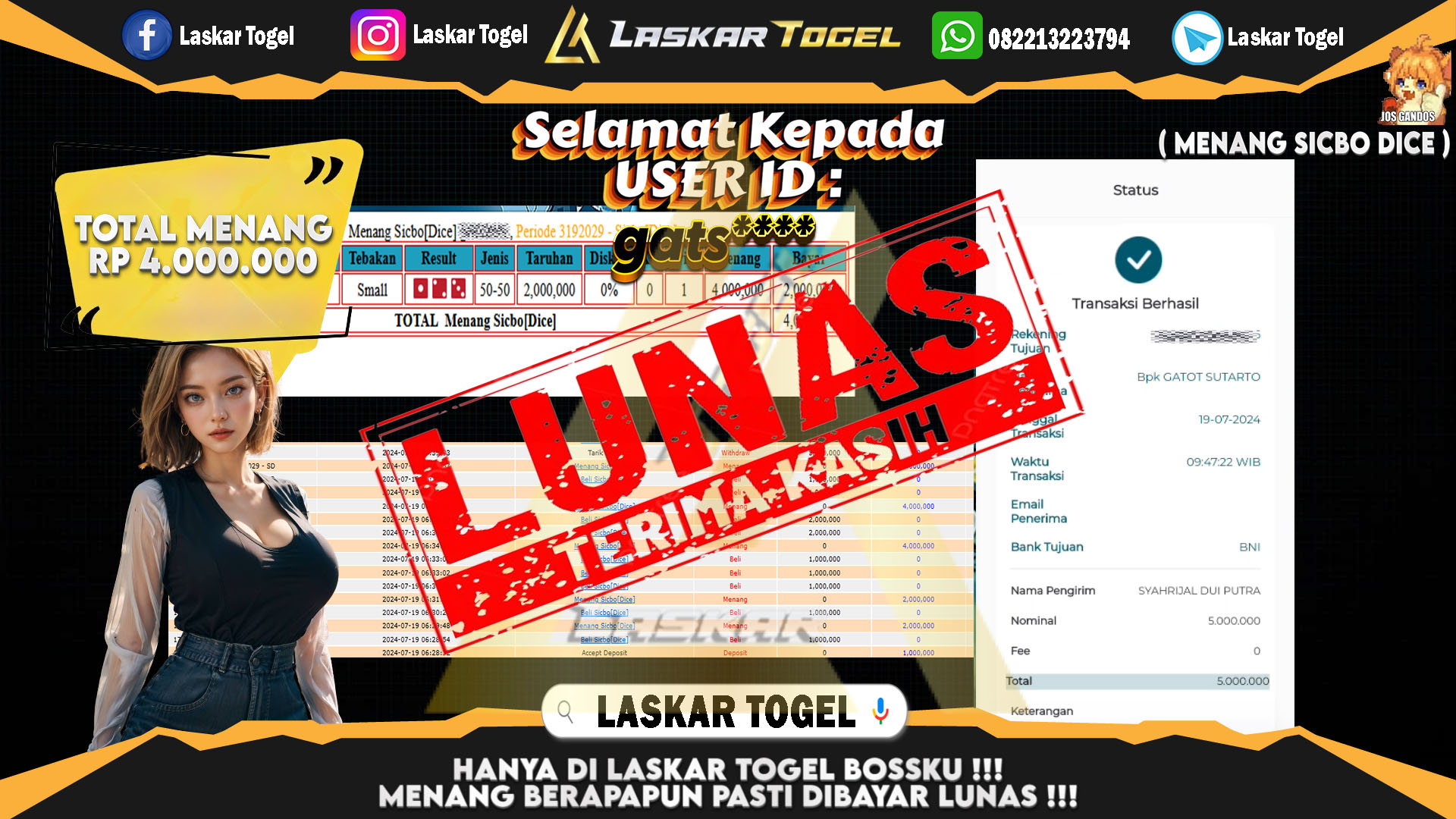 LASKARTOGEL JACKPOT  LIVE CASINO SICBO [DICE] Rp.4.000.000.,- LUNAS